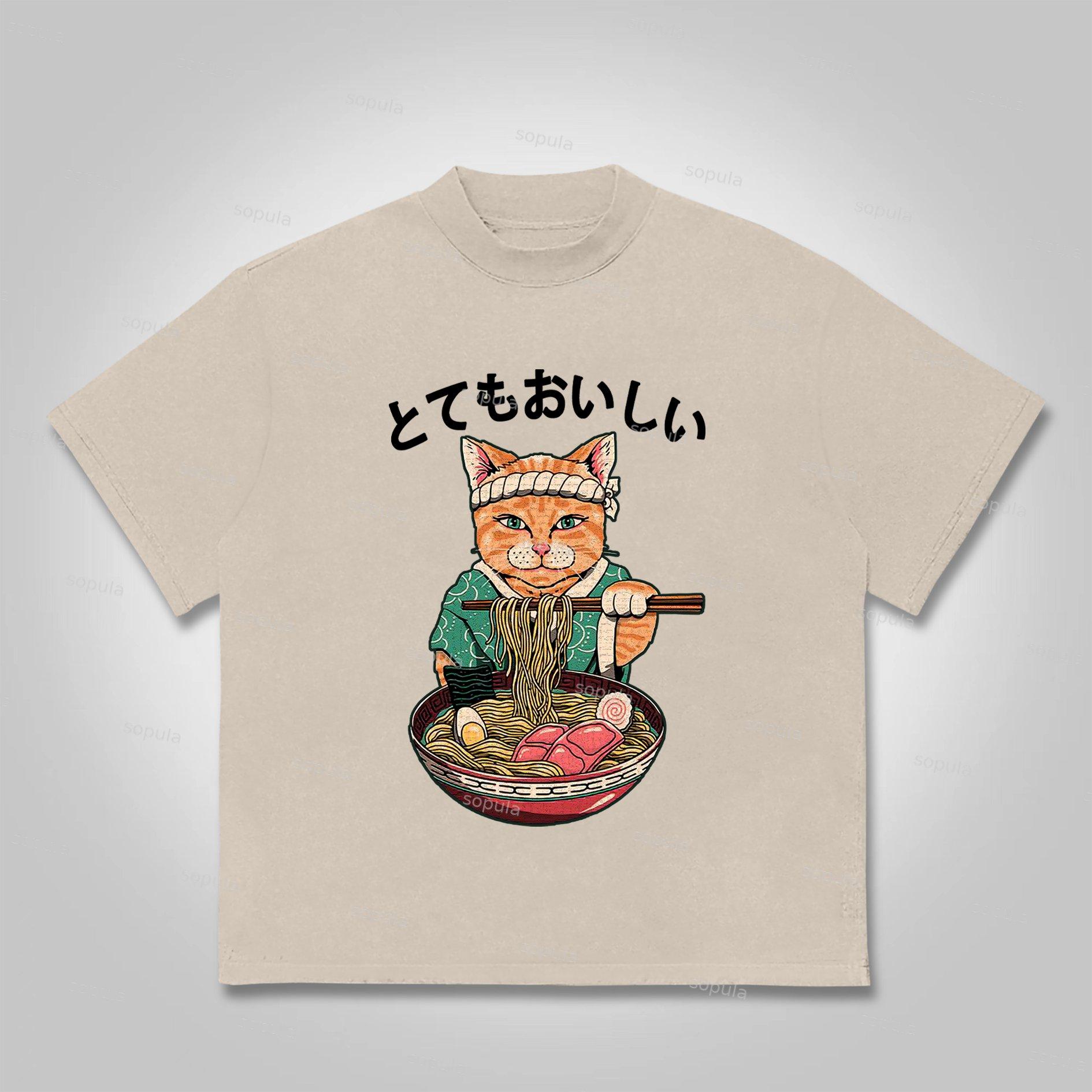 Sopula Cats Eat Ramen Noodles Print Cotton T-Shirt Product Image