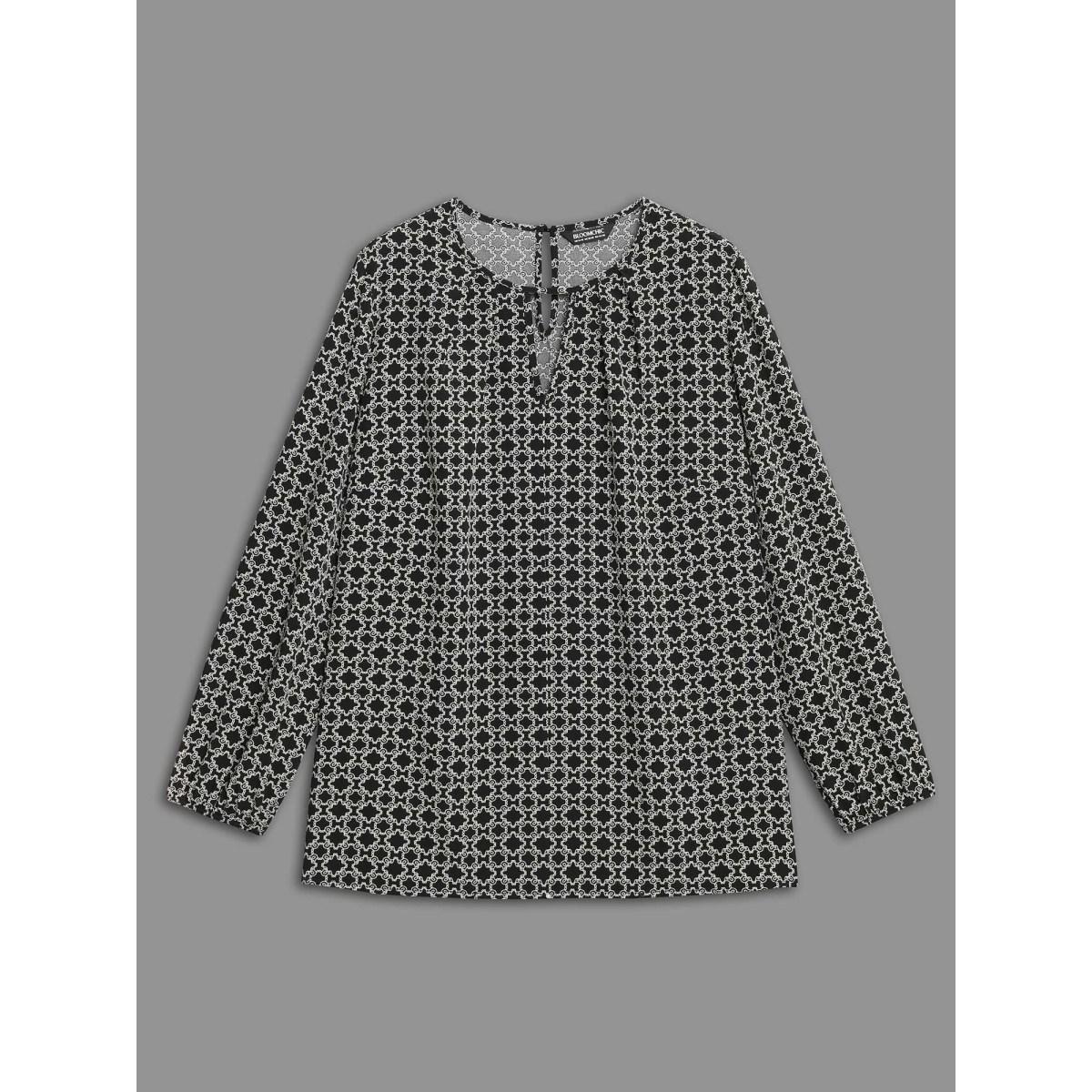 Plus Size Black Geometric Print Plicated Detail Keyhole Blouse Women Elegant Extra Long Sleeve Round Neck Everyday Blouses BloomChic 18-20/2X Product Image