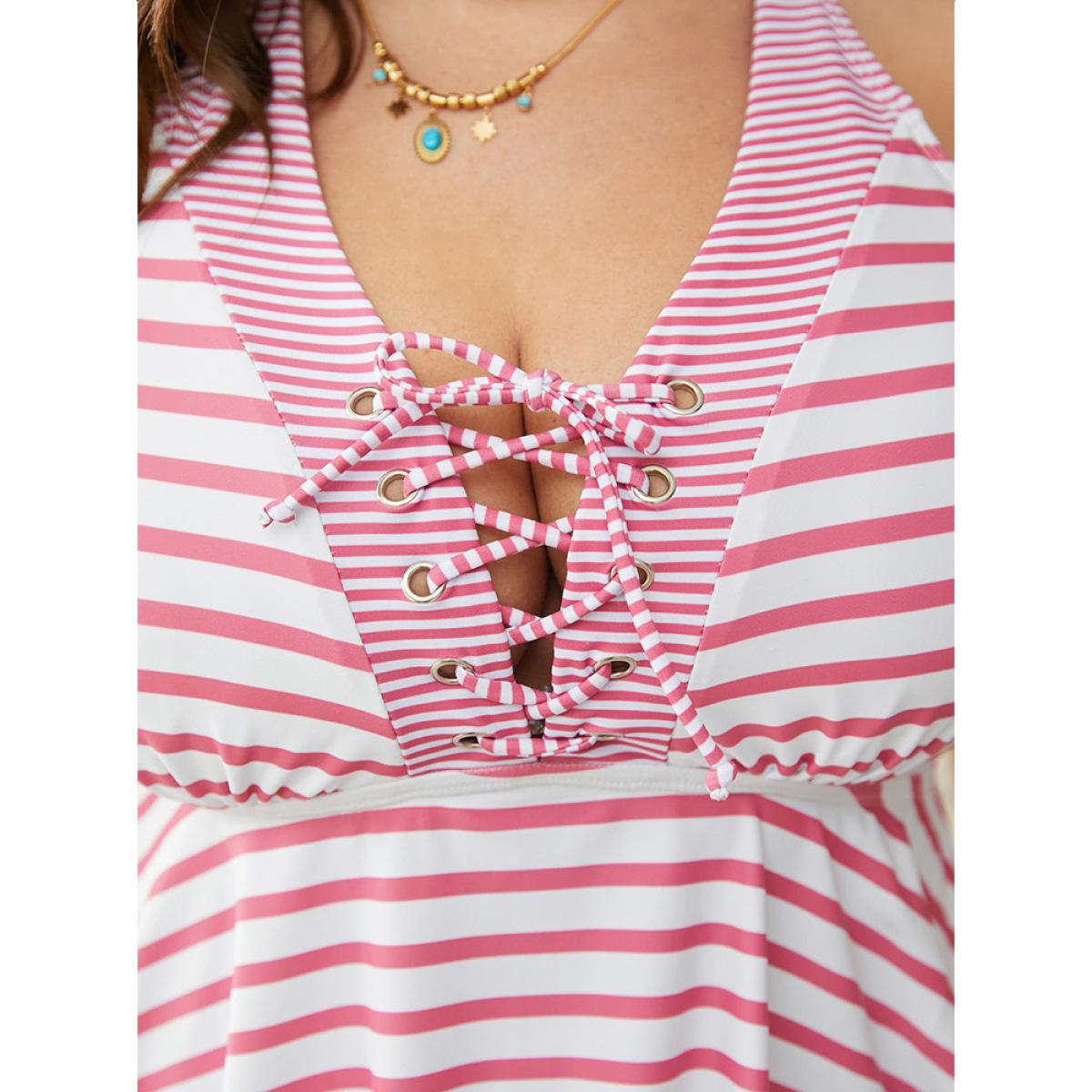 Plus Size Striped Contrast Lace Up Crossover Tankini Top Women's Swimwear Pink Vacation Adjustable Straps High stretch Bodycon V-neck Curve Swim Tops BloomChic 10/M Product Image