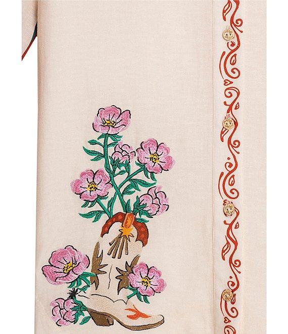 Agua Bendita Chrissy Nopal Floral Embroidered Point Collar 3/4 Sleeve Button Up Top Product Image