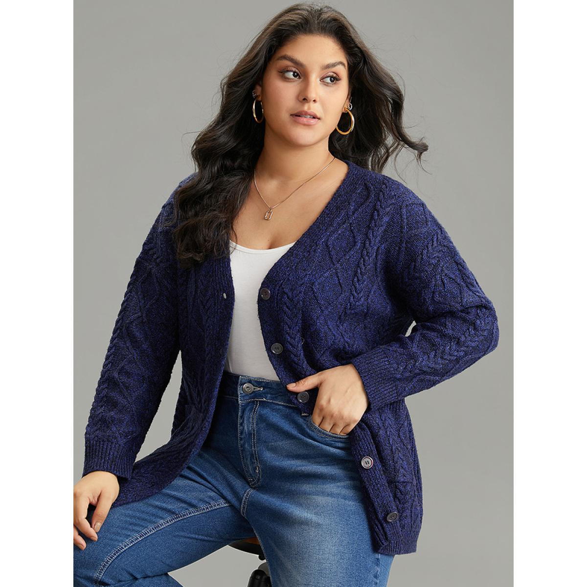 Plus Size Plain Geometric Texture Button Up Cable Knit Cardigan Midnight Women Casual Loose Long Sleeve Dailywear Cardigans BloomChic 14-16/1X Product Image