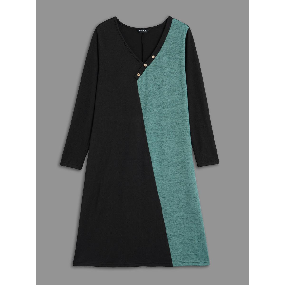 Plus Size V Neck Contrast Patchwork Button Detail Dress Black Women Casual Contrast Knit Dresses Bloomchic 12/L Product Image