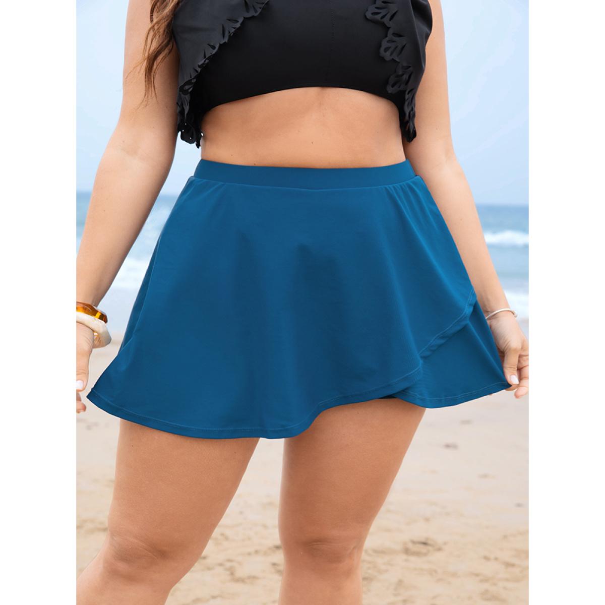 Plus Size Solid Ruffle Wrap Hem Swim Skirt Women's Swimwear Indigo Vacation A-line High stretch Bodycon High Rise Curve Swim Bottoms BloomChic 26/4X Product Image