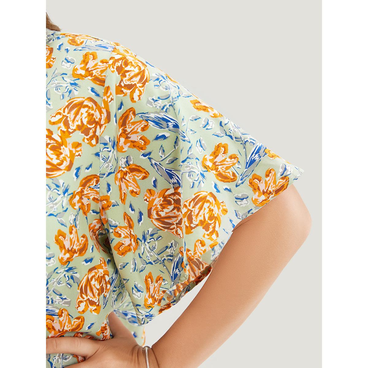 Plus Size Mint Floral Ruffle Sleeve Lace Up V Neck Blouse Women Elegant Short sleeve V-neck Dailywear Blouses BloomChic 12/L Product Image