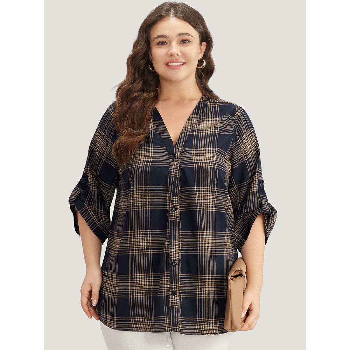 Plus Size Indigo Plaid Button Through Roll Tab Sleeve Blouse Women Office Half Sleeve V-neck Office Blouses BloomChic 18-20/2X Product Image
