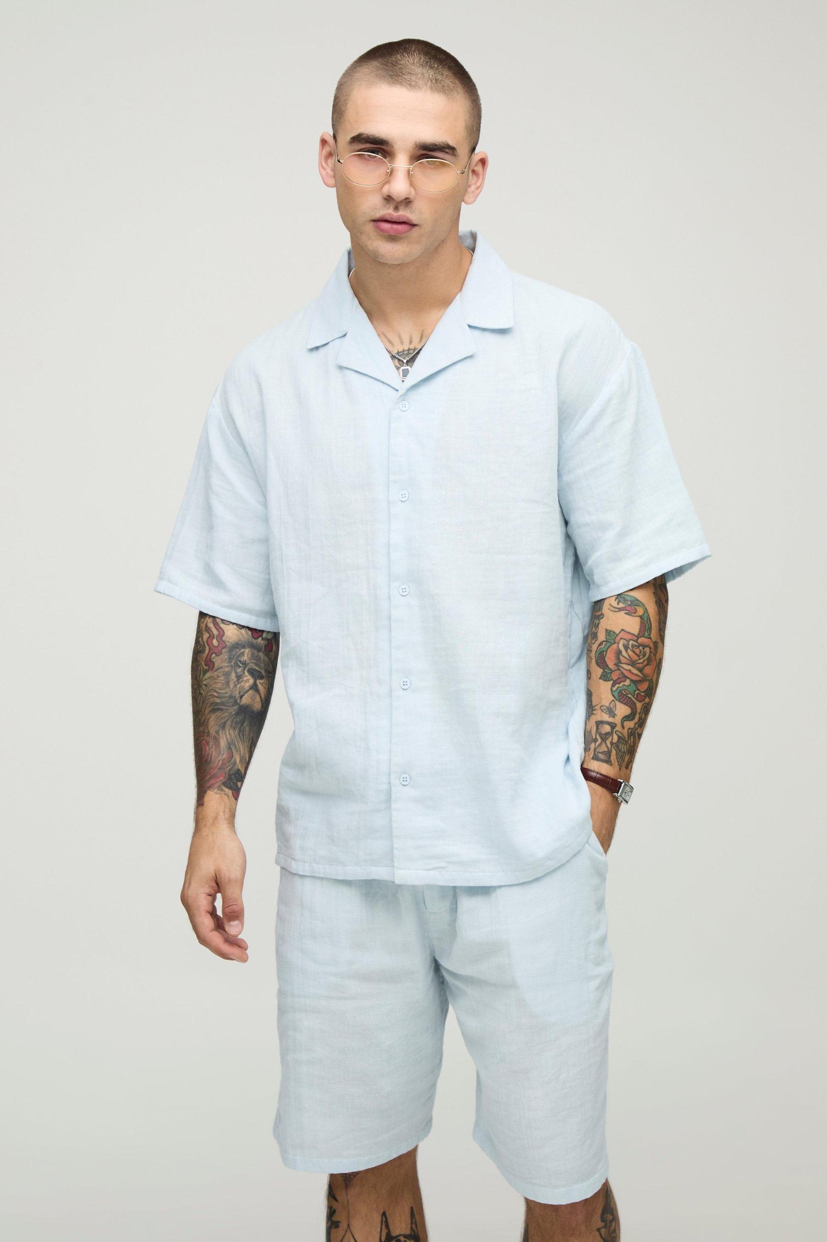 Oversized Cheesecloth Revere Shirt & Relaxed Short Set | boohooMAN USA Product Image