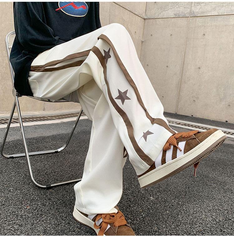Drawstring Waist Star Print Panel Straight Leg Pants Product Image