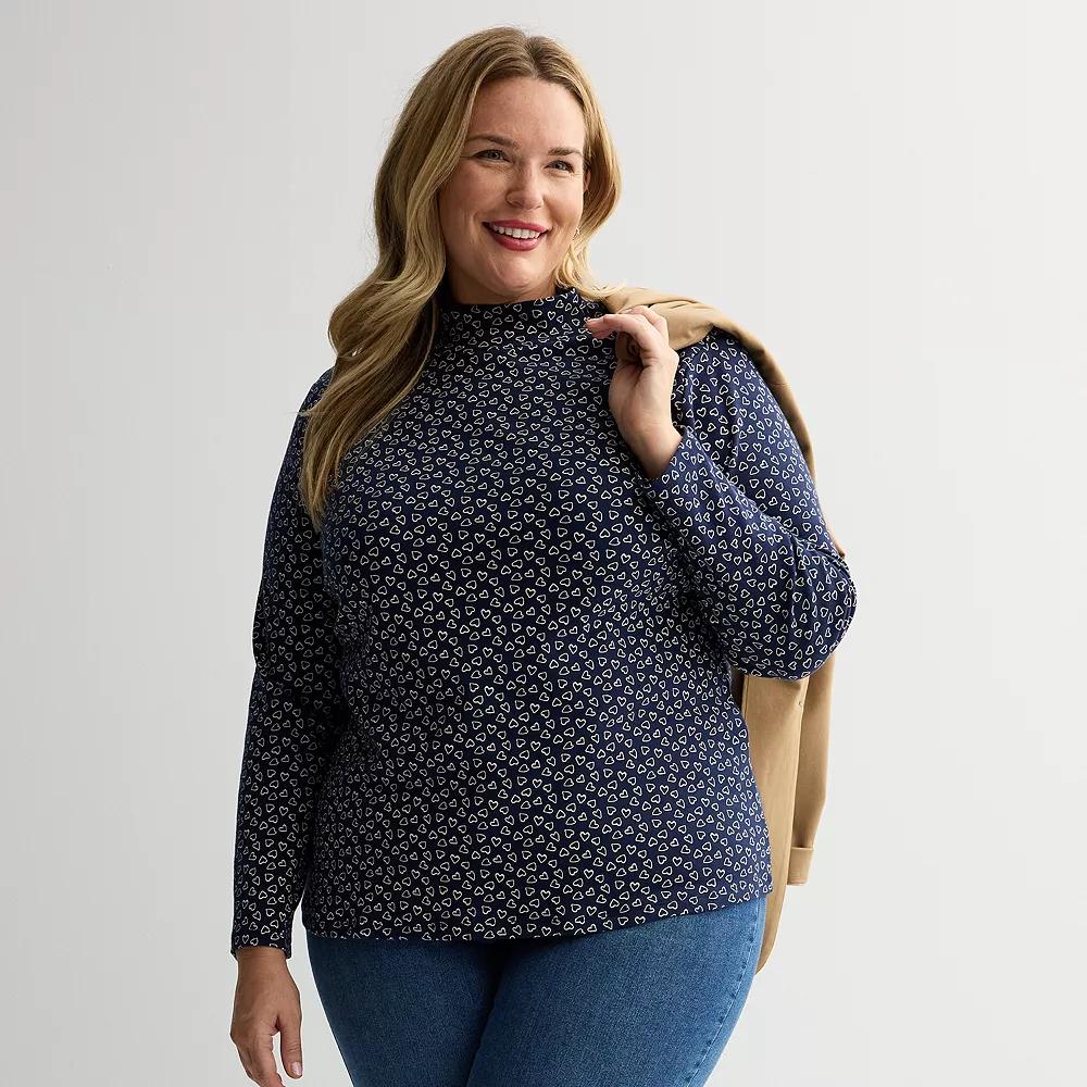 Plus Size Croft & Barrow Essential Long-Sleeve Mockneck Top, Womens Blue Scattered Heart Product Image