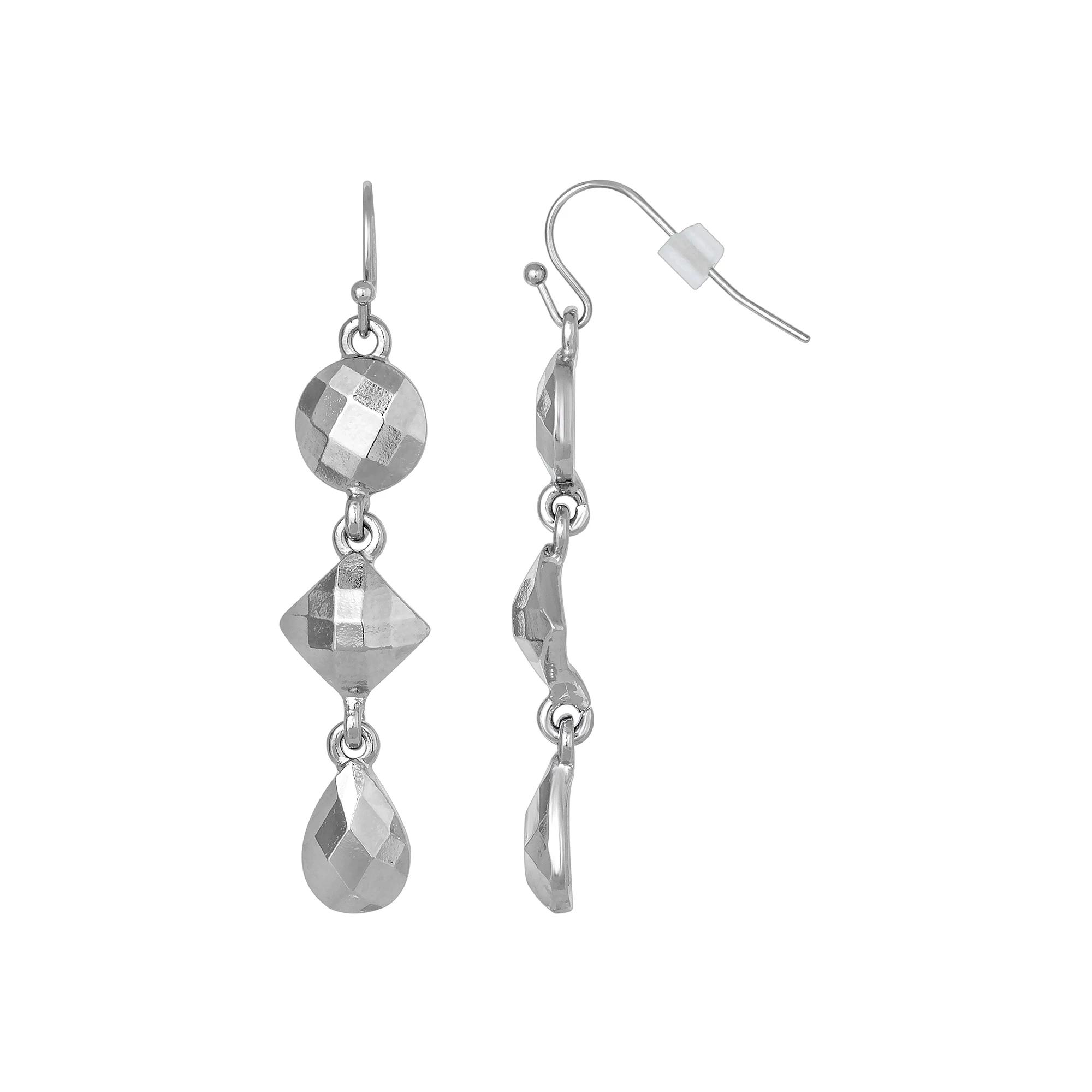 1928 Faceted Teardrop Linear Drip Earrings, Womens, Silver Tone Product Image