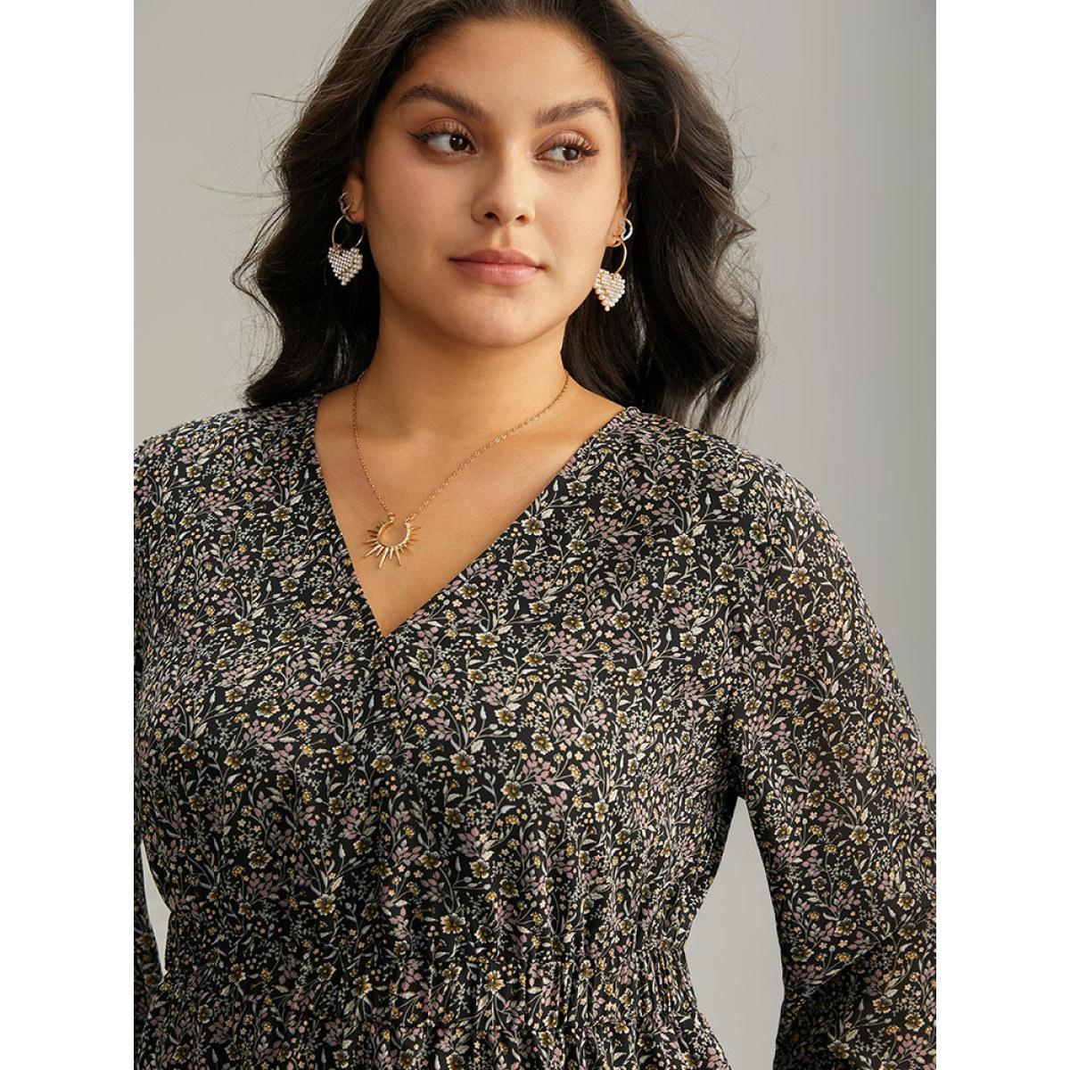 Plus Size Black Ditsy Floral Shirred Lantern Sleeve Blouse Women Elegant Long Sleeve V-neck Everyday Blouses BloomChic 14-16/1X Product Image