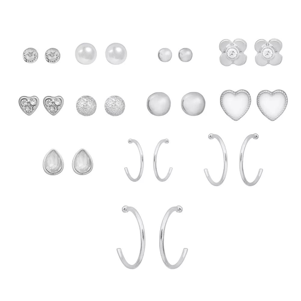 LC Lauren Conrad Silver Tone Crystal & Simulated Pearl Delicate Stud & Hoop Earrings 12-pack Set, Women's, Multi Product Image