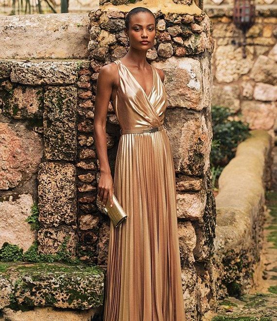 Lauren Ralph Lauren Metallic Chiffon V Neck Sleeveless Belted Pleated Fit and Flare Gown Product Image