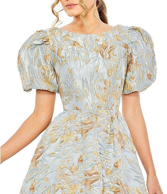 Mac Duggal Puff Sleeve Brocade Gown With Hilo Hem Product Image