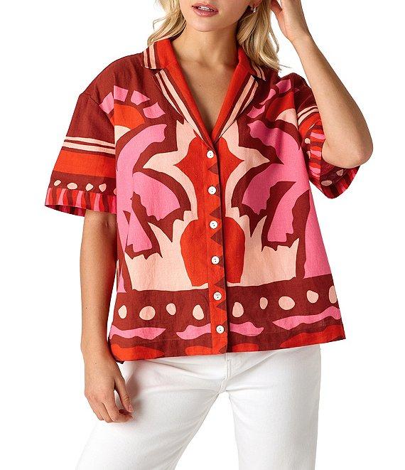 CROSBY by Mollie Burch Iker Coordinating Cotton Linen Blend Short Sleeve Button Front Box Top Product Image