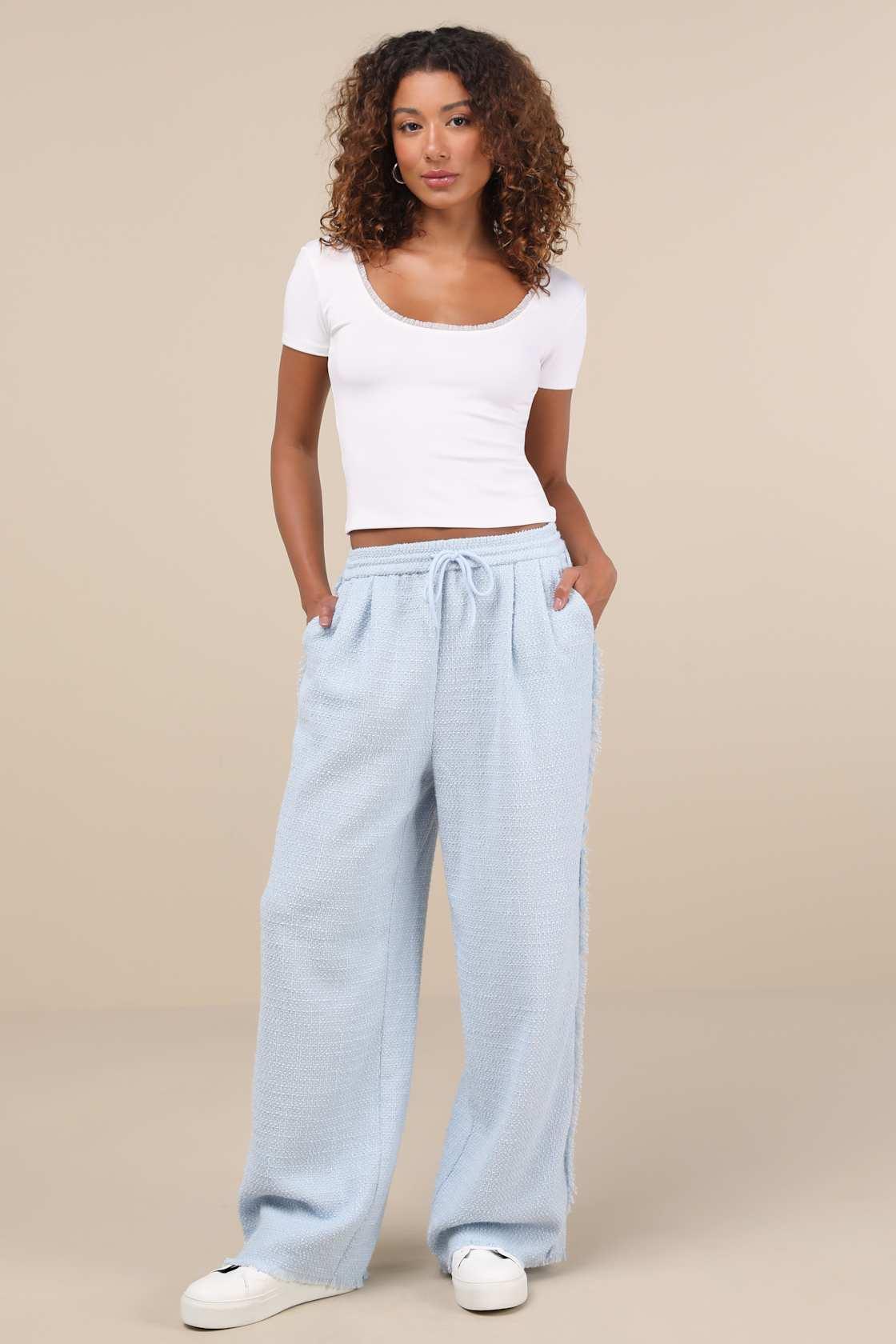 Trendsetting Aspect Light Blue Tweed Raw Edge Wide-Leg Pants Product Image