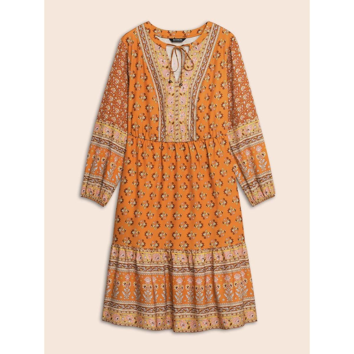 Plus Size Boho Print Tie Knot Midi Dress Turmeric Women Resort Tie knot V-neck Long Sleeve Curvy BloomChic 10/M Product Image