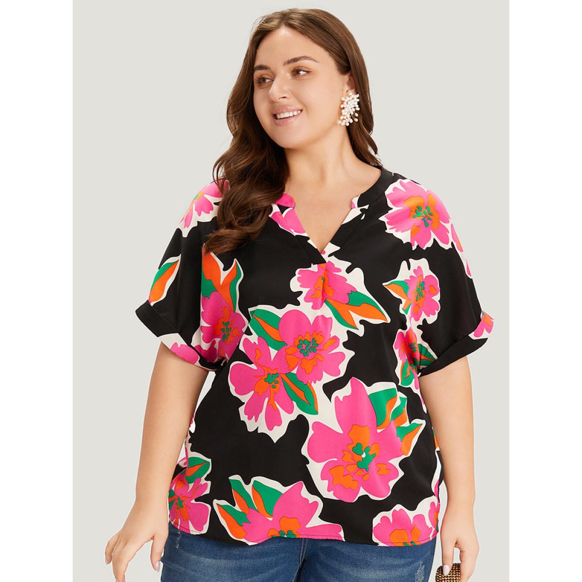 Plus Size Multicolor Floral Print Notched Roll Dolman Sleeve Blouse Women Glamour Short sleeve Notched collar Going out Blouses BloomChic 10/M Product Image