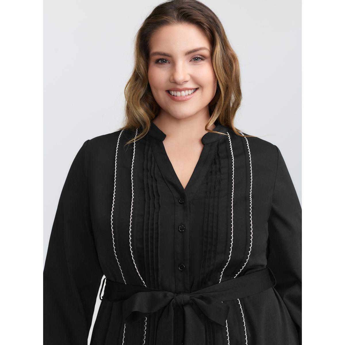 Plus Size Button Front Belted Stitch Detail Midi Dress Black Women Leisure Tucked seam Shirt collar Long Sleeve Curvy BloomChic 10/M Product Image