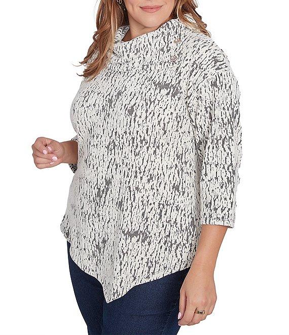 Ruby Rd. Plus Size Knit Faux Fois Bois Print Split Cowl Neck 3/4 Sleeve Asymmetric Hem Sweater Product Image