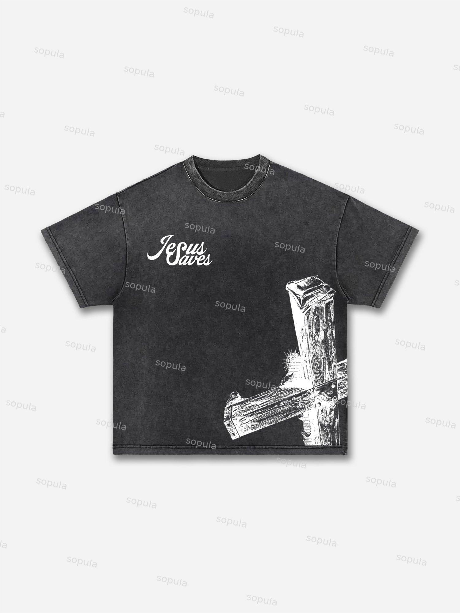 Sopula Vintage Casual Jesus Saves Graphic Acid Washed T-Shirt Product Image