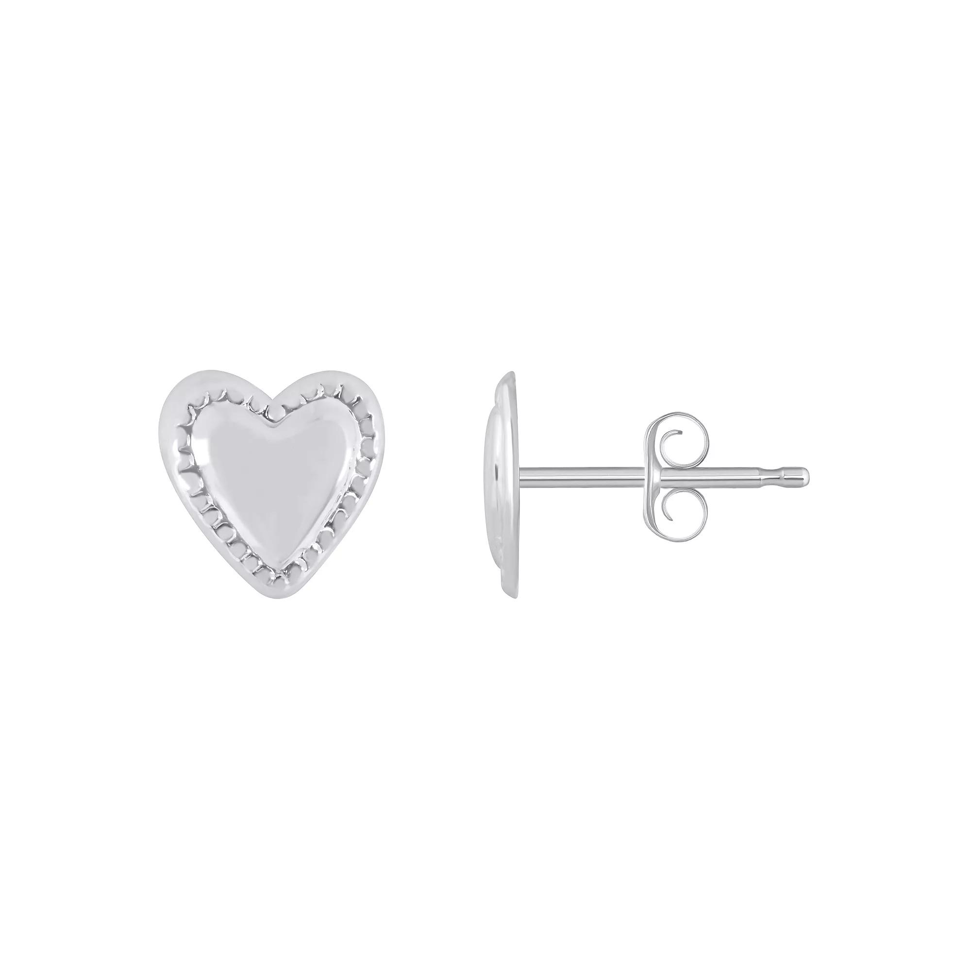 14k Gold Textured Edge Heart Stud Earrings, Women's, 14k White Gold Product Image