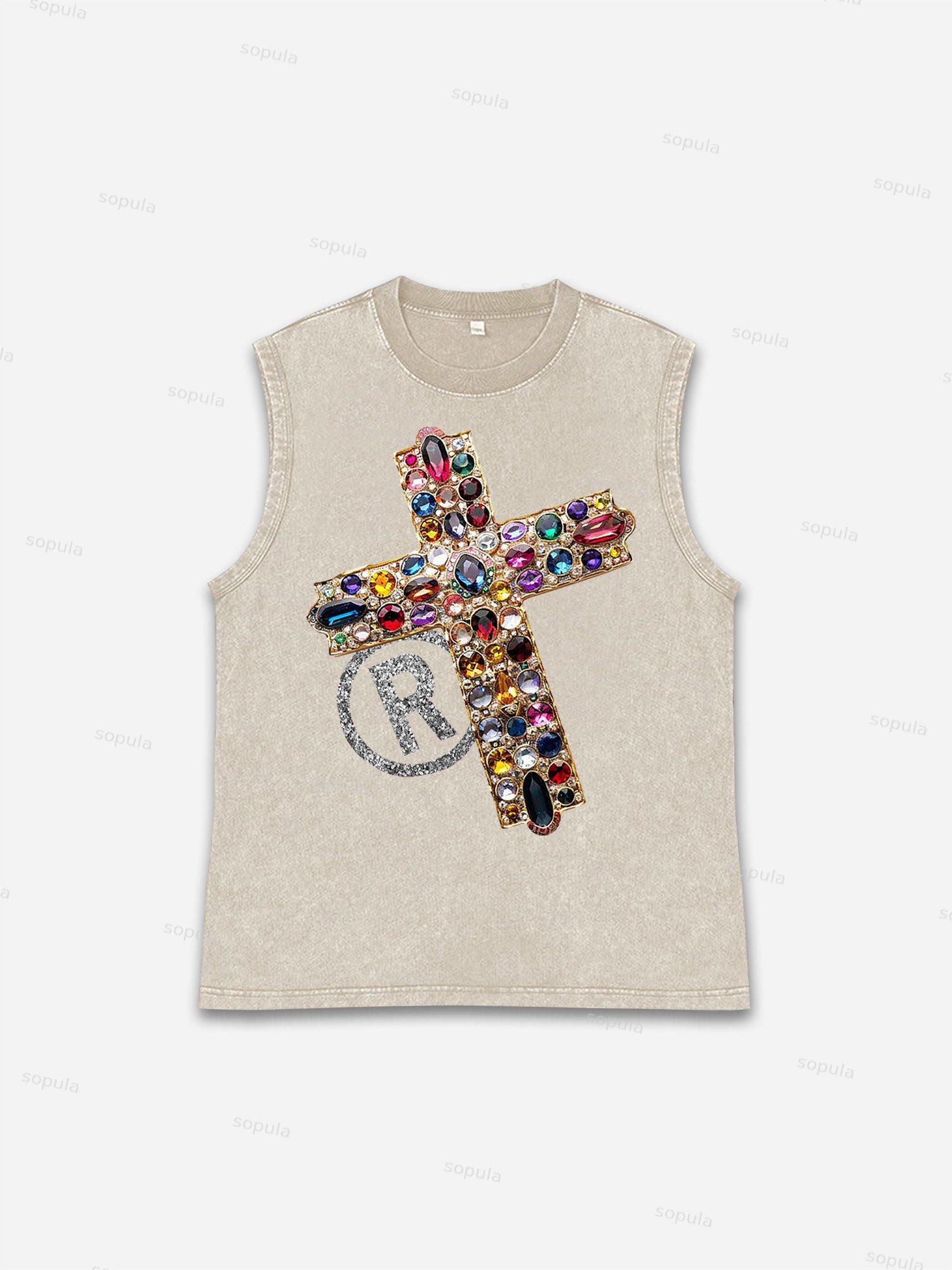 Sopula Men's Diamond Cross Graphic Acid Washed Sleeveless Tank Top Product Image