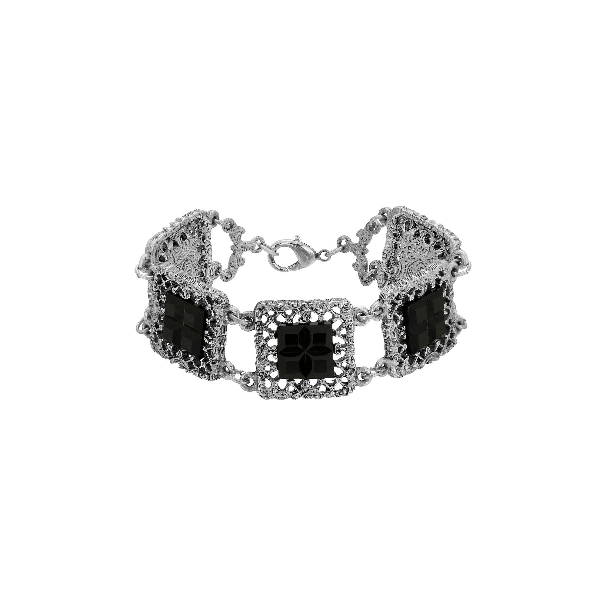 1928 Silver Tone Black Crystal Square Link Bracelet, Womens Product Image