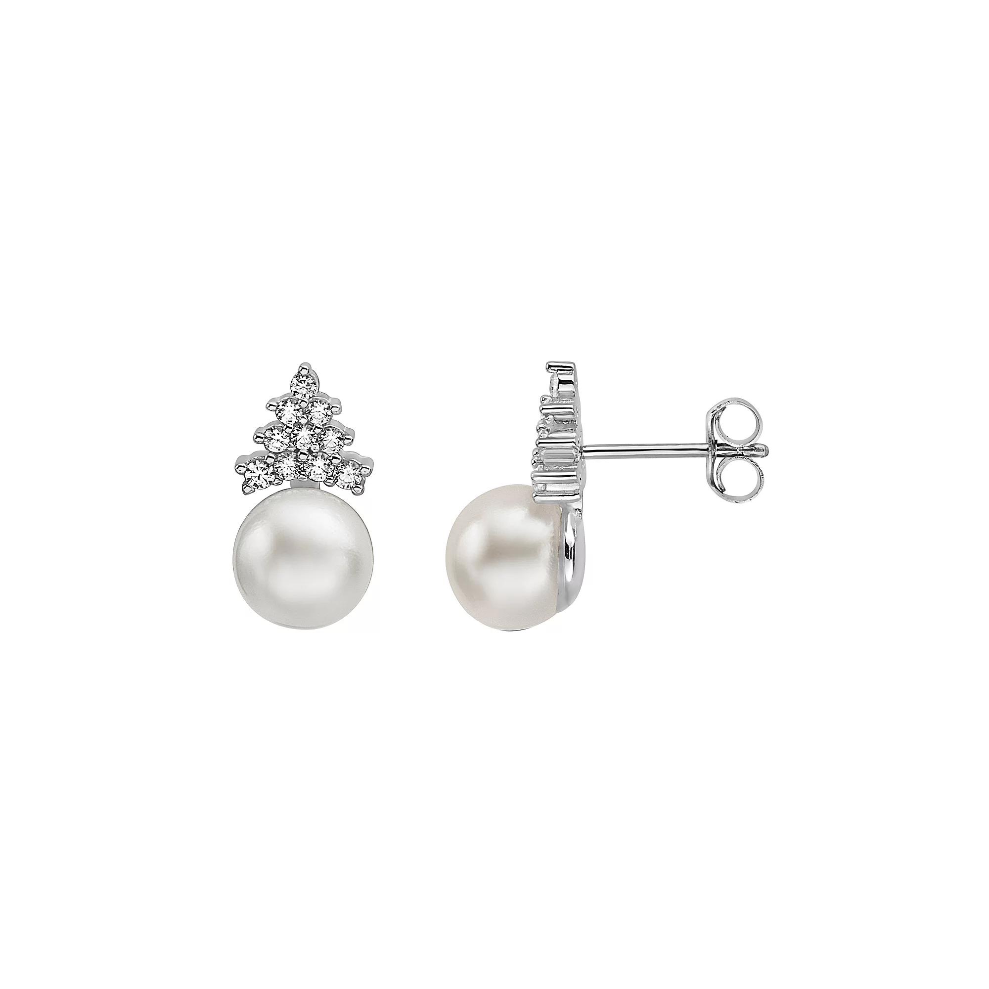 Sterling Silver Freshwater Cultured Pearl & Round Cubic Zirconia Stud Earrings, Womens Product Image