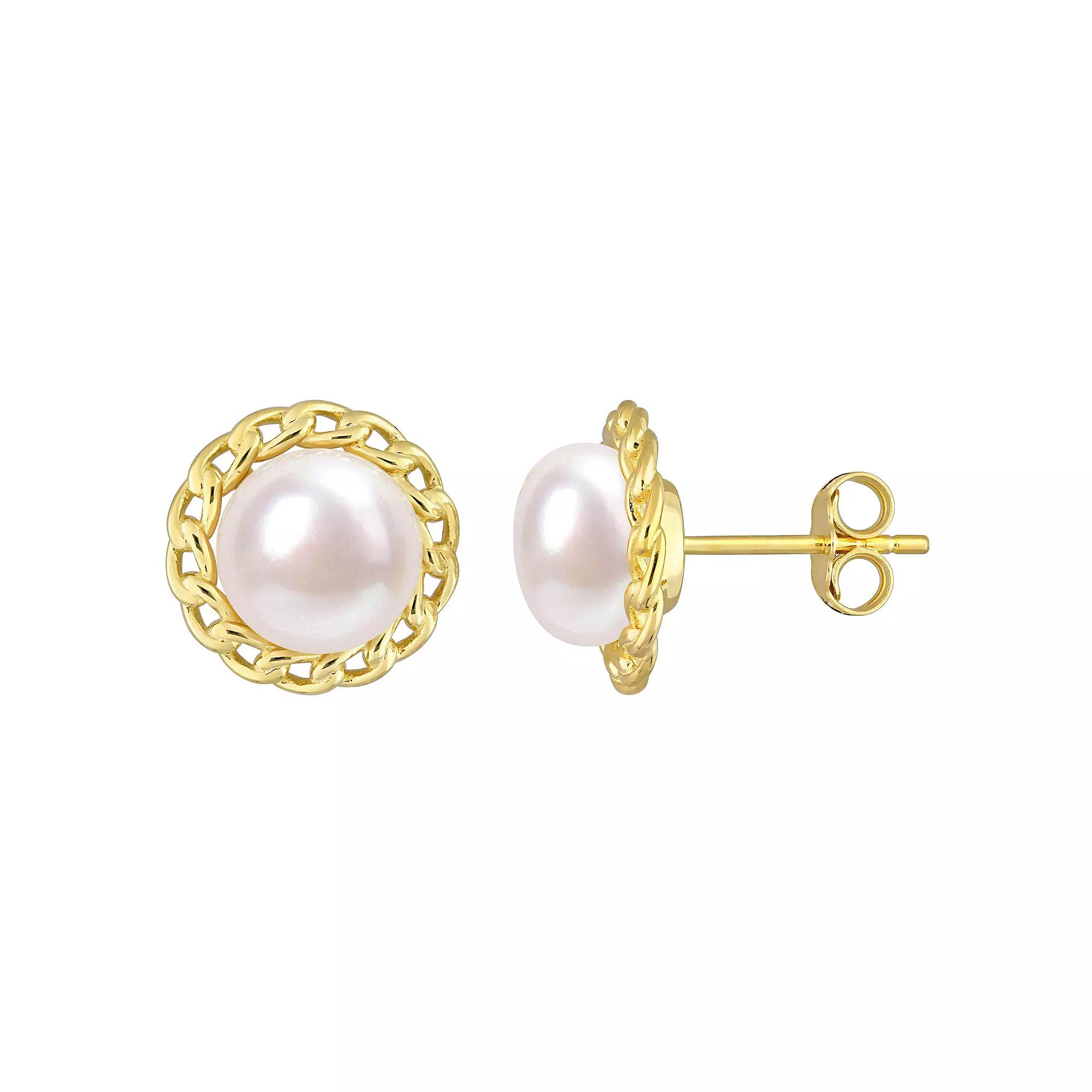 Stella Grace 18k Gold Over Silver Freshwater Cultured Pearl Halo Link Stud Earrings, Women's, 18k Gold Plated Product Image