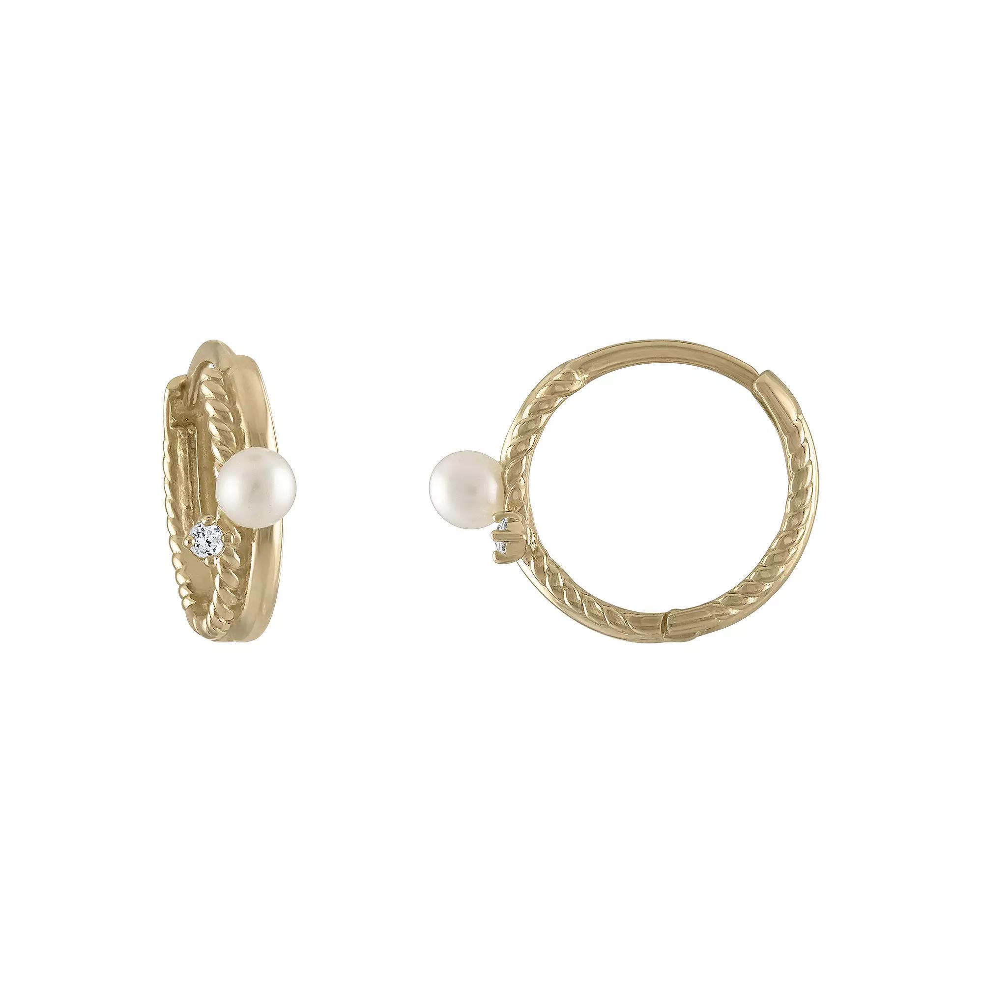 Amella Jewels 14k Gold Pearl & Cubic Zirconia Huggie Earring, Women's Product Image