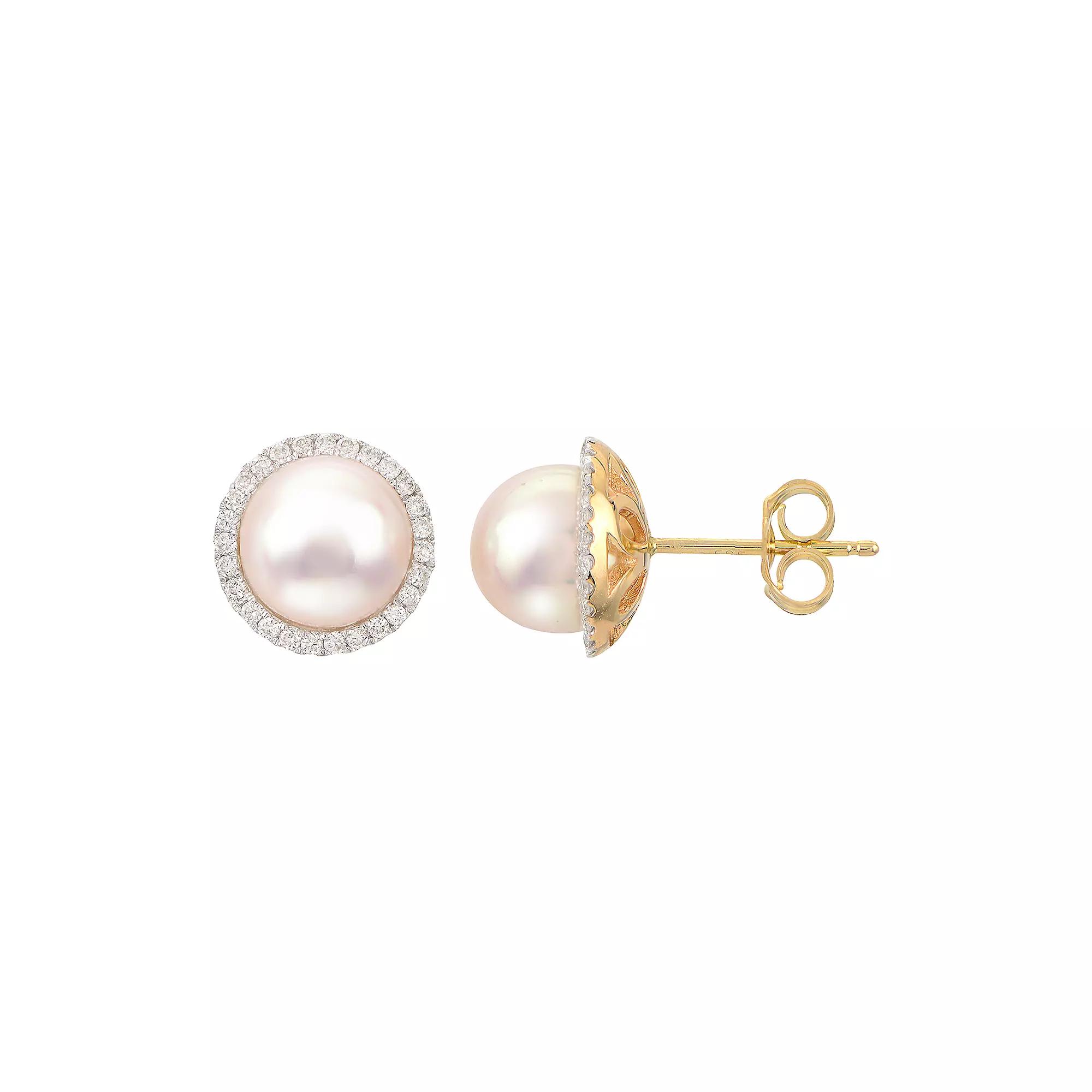 PearLustre by Imperial 14k Gold Akoya Cultured Pearl & 1/4 Carat T.W. Diamond Halo Stud Earrings, Womens Product Image