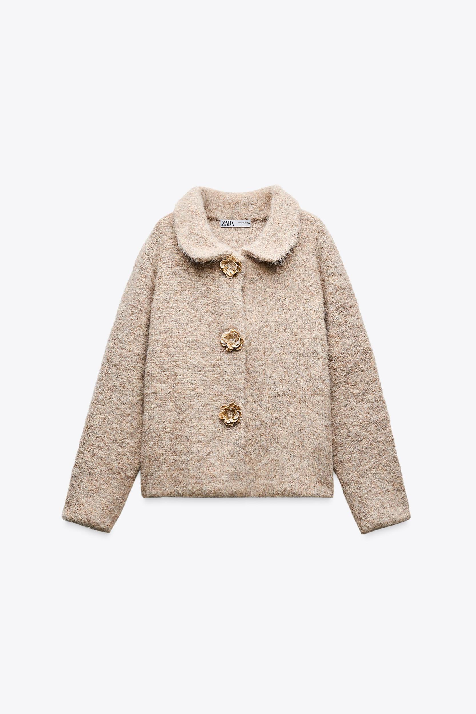 FAUX FUR KNIT CARDIGAN WITH FLOWER BUTTONS Product Image