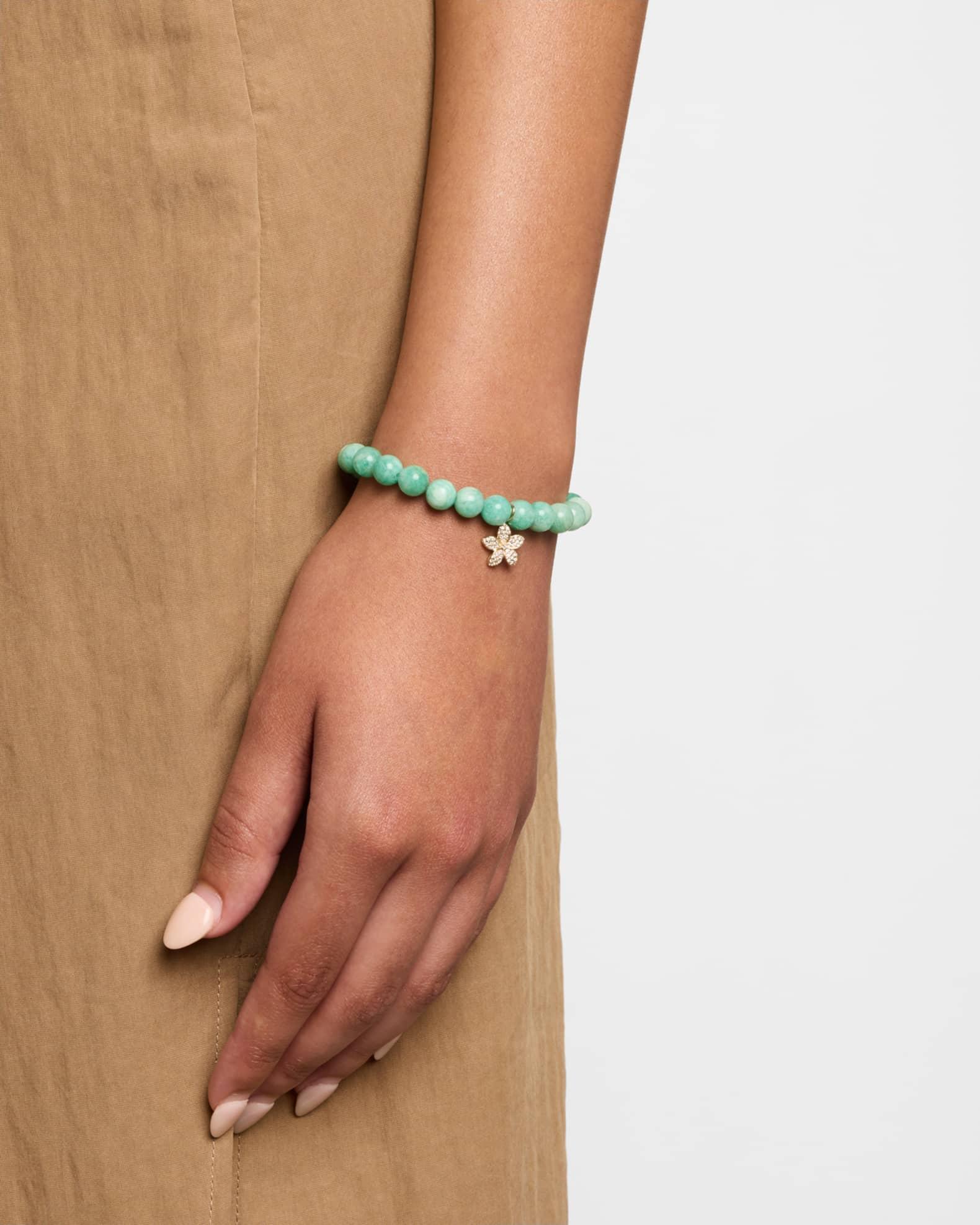 14K Yellow Gold Plumeria Charm and Russian Amazonite Bead Bracelet Product Image