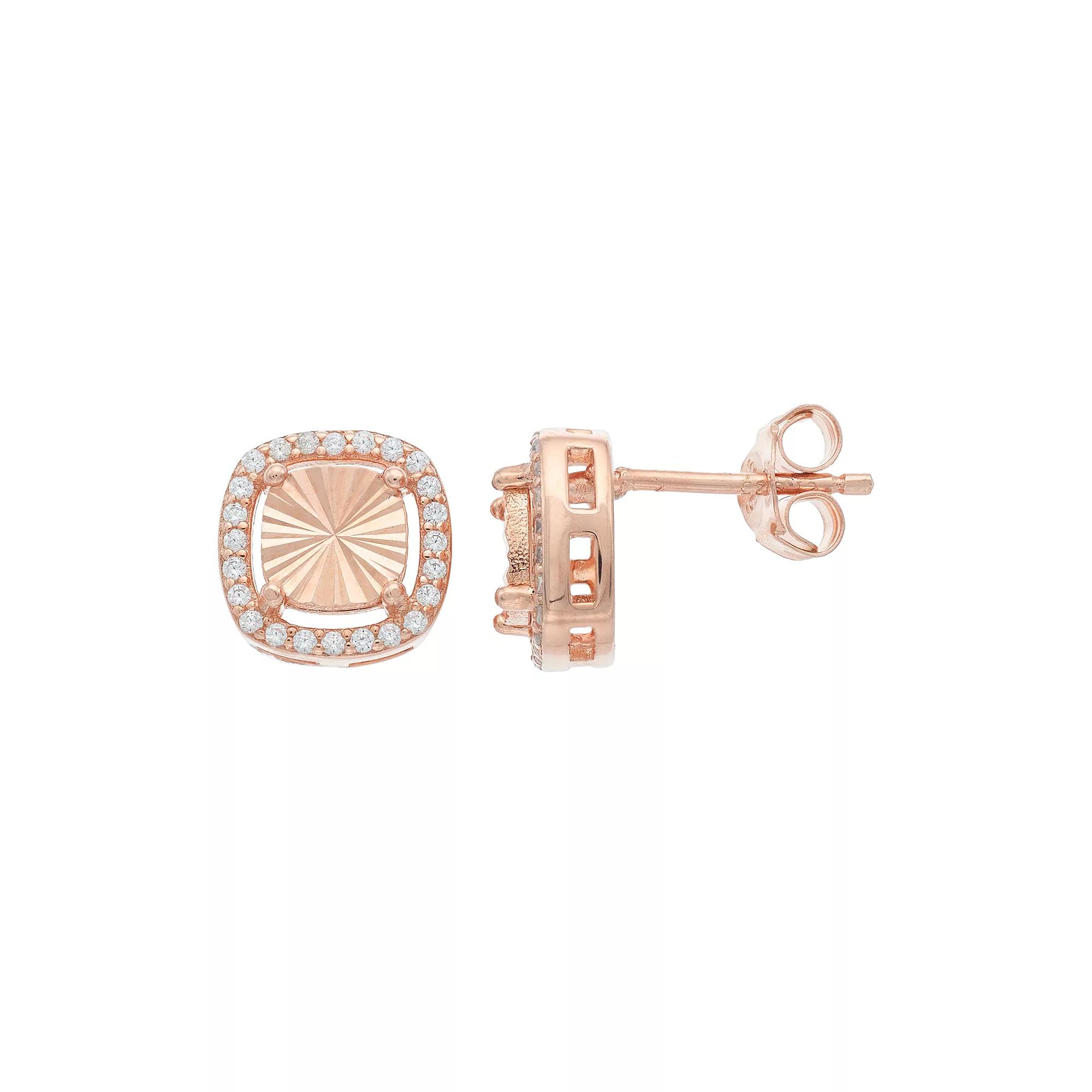 Sterling Silver Cubic Zirconia Cushion Stud Earrings, Women's, 14k Rose Gold Over Product Image
