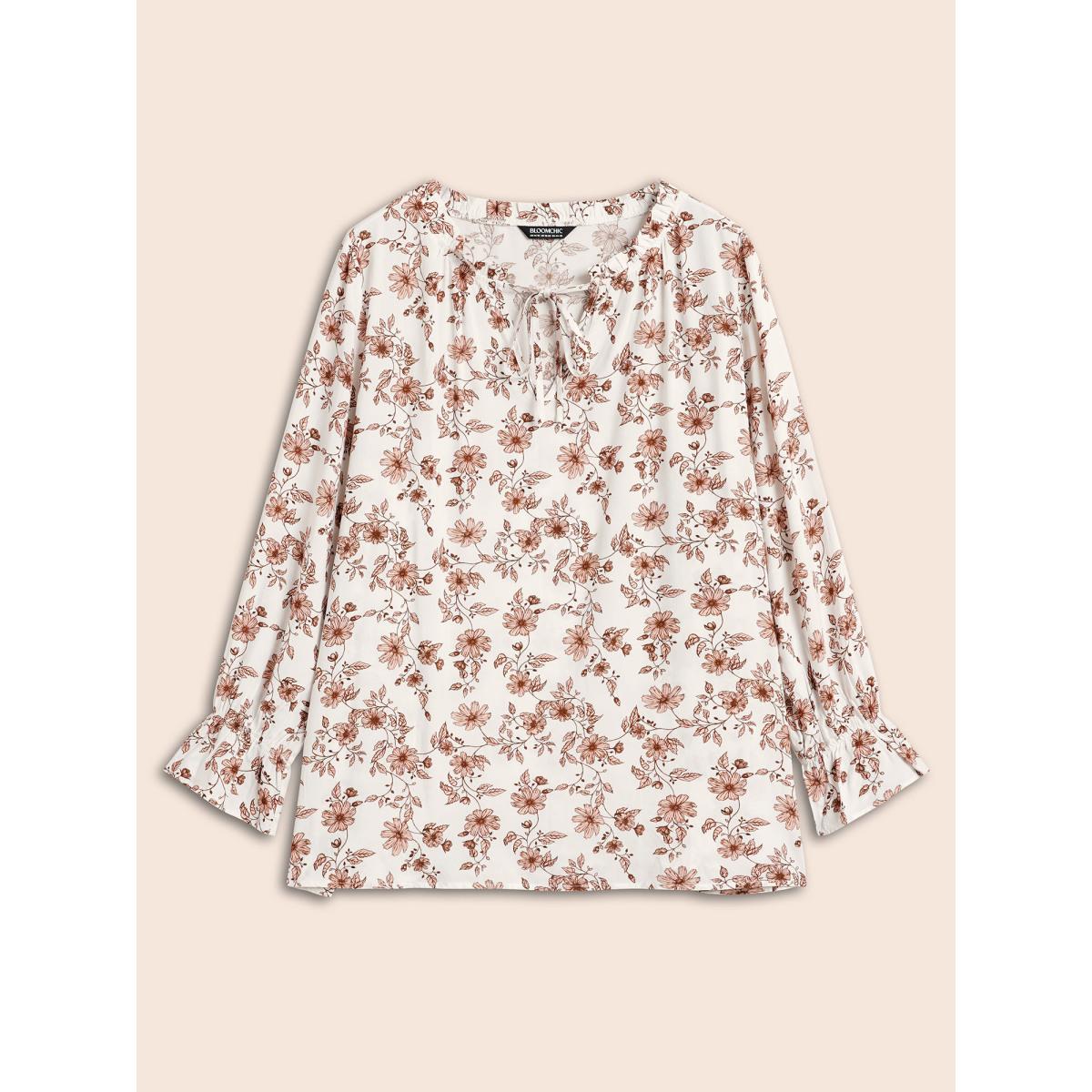 Plus Size Multicolor Floral Tie Knot Ruffle Trim Blouse Women Elegant Long Sleeve V-neck Everyday Blouses BloomChic 22-24/3X Product Image