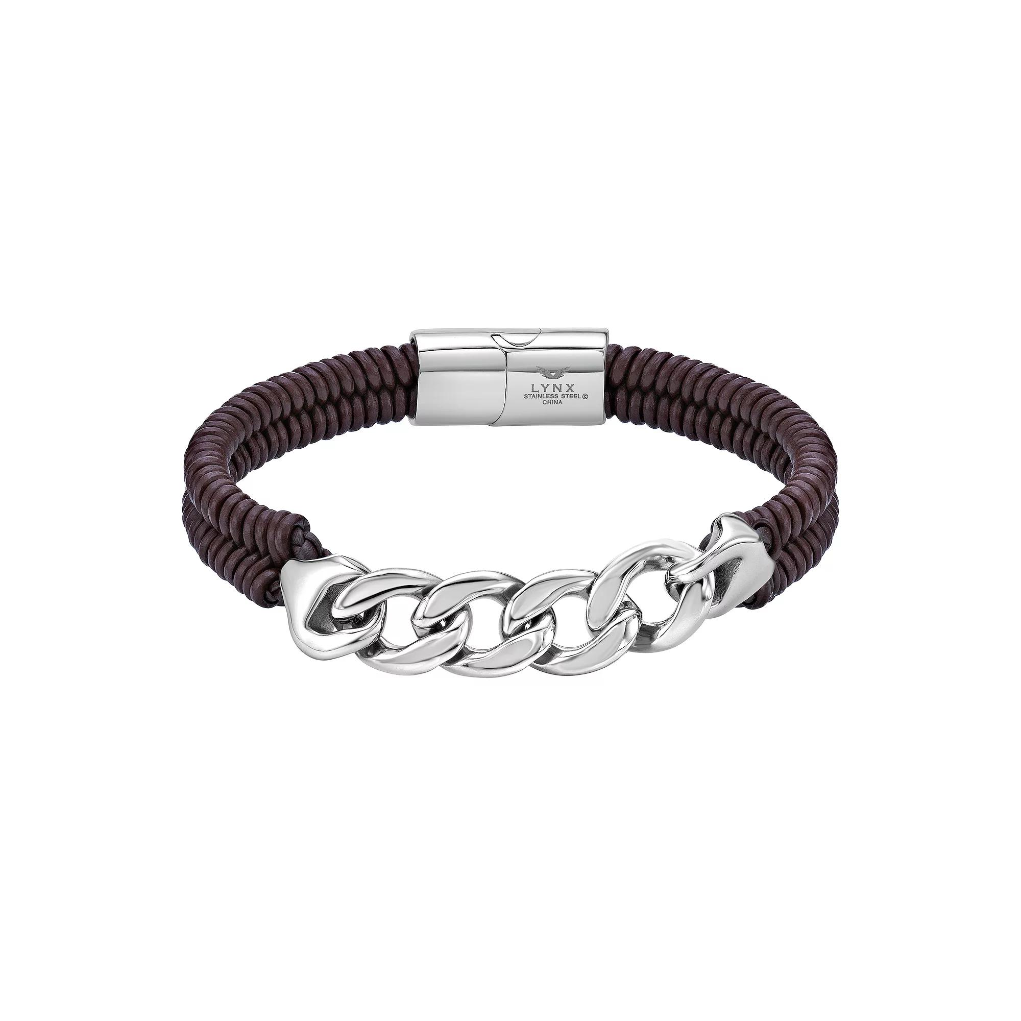 LYNX Men's Stainless Steel Curb Chain & Brown Leather Bracelet,  Product Image