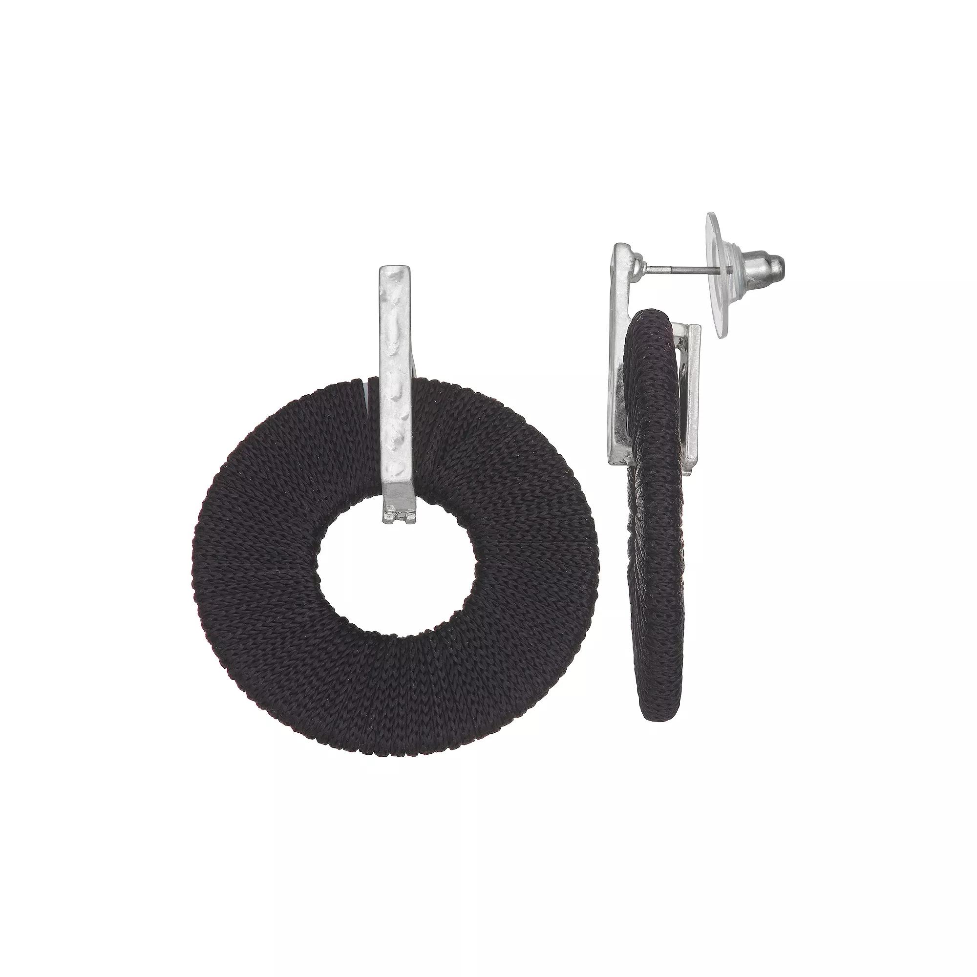 Emberly Silver Tone Mix Media Hoop Earrings, Women's, Black Product Image