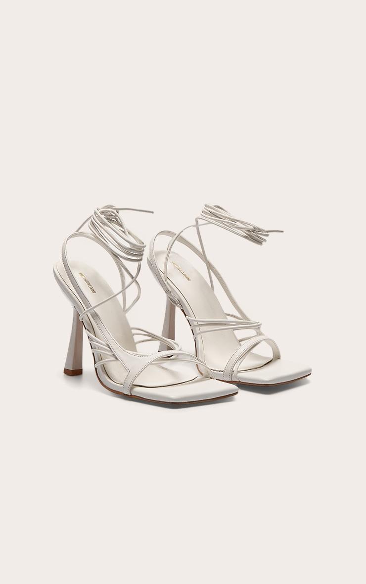 White Pu Square Toe Asymmetric Strappy Lace Up High Heel Sandals Product Image