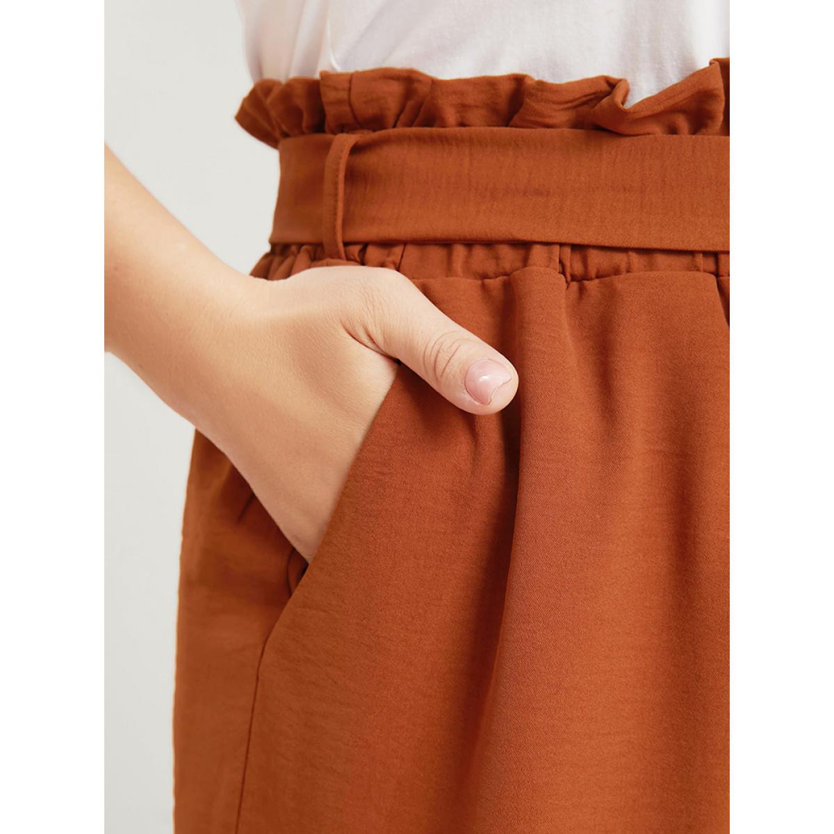 Plus Size Plain Paperbag Waist Wide Leg Belted Pocket Pants Women Rust Casual Mid Rise Dailywear Pants BloomChic 28/5X Product Image