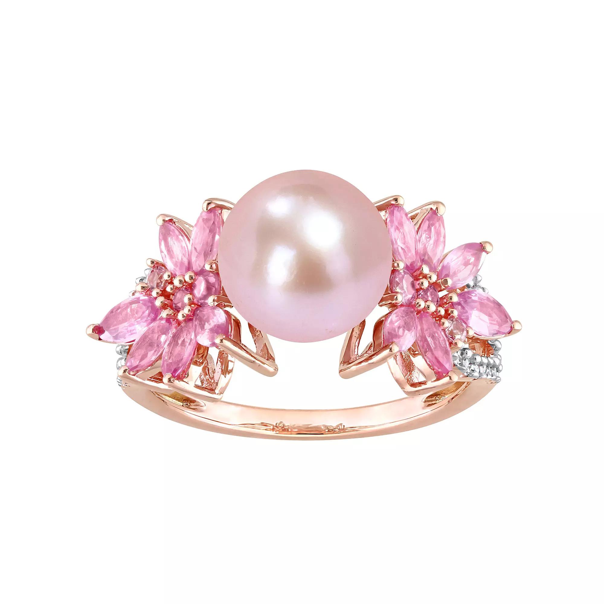 Stella Grace 14k Rose Gold Dyed Pink Freshwater Cultured Pearl, Pink Sapphire & 1/8 Carat T.W. Diamond Flower Ring, Women's,  Product Image