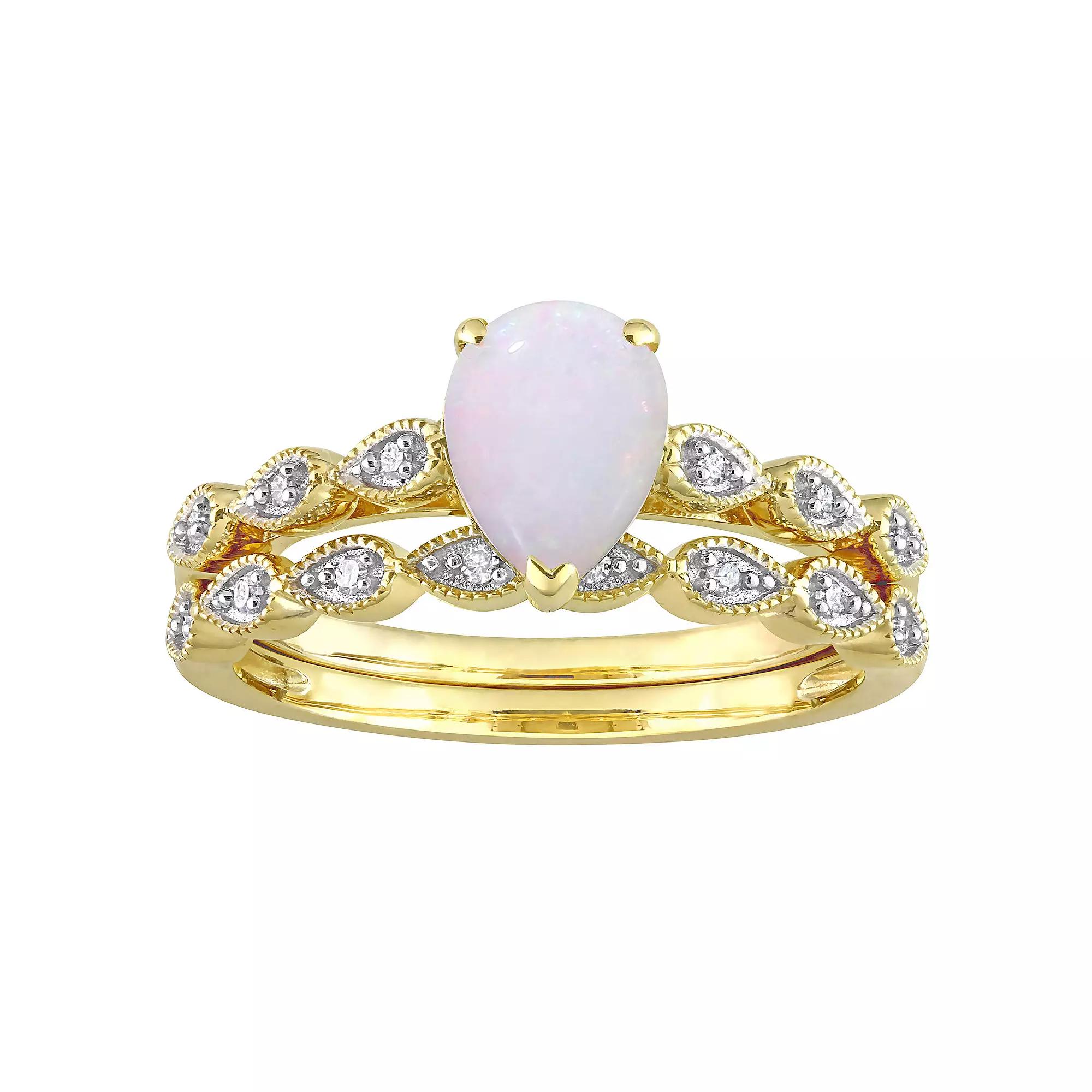 Stella Grace 10k Gold White Opal & Diamond Accent Vintage Engagement Ring Set, Womens Product Image