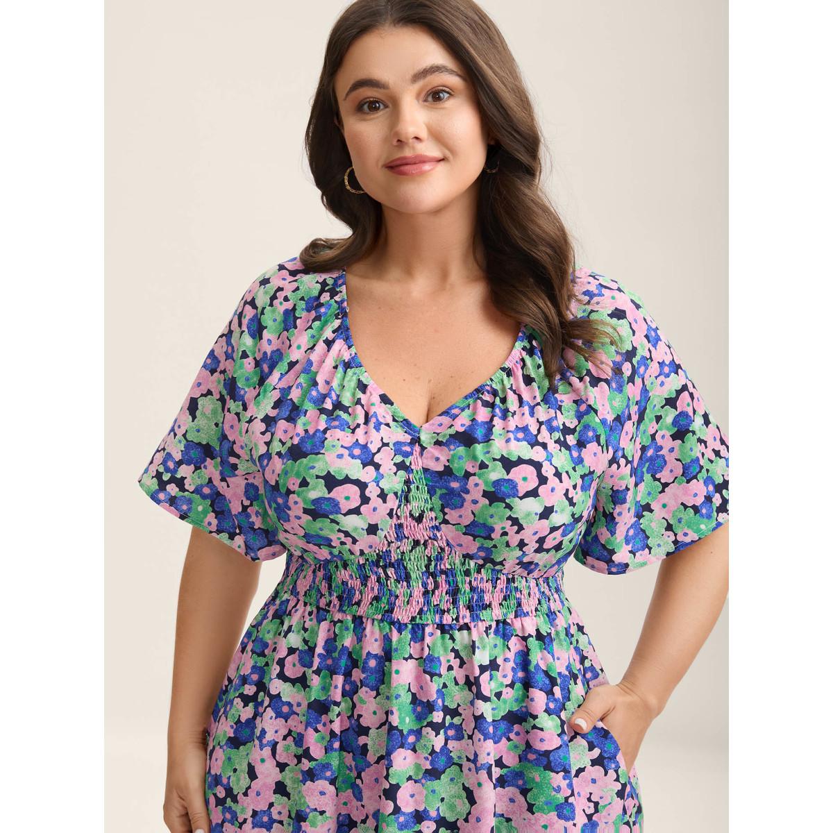 Plus Size Floral Print Shirred Waist Midi Dress DarkBlue Women Square Neck Short sleeve Curvy BloomChic 10/M Product Image