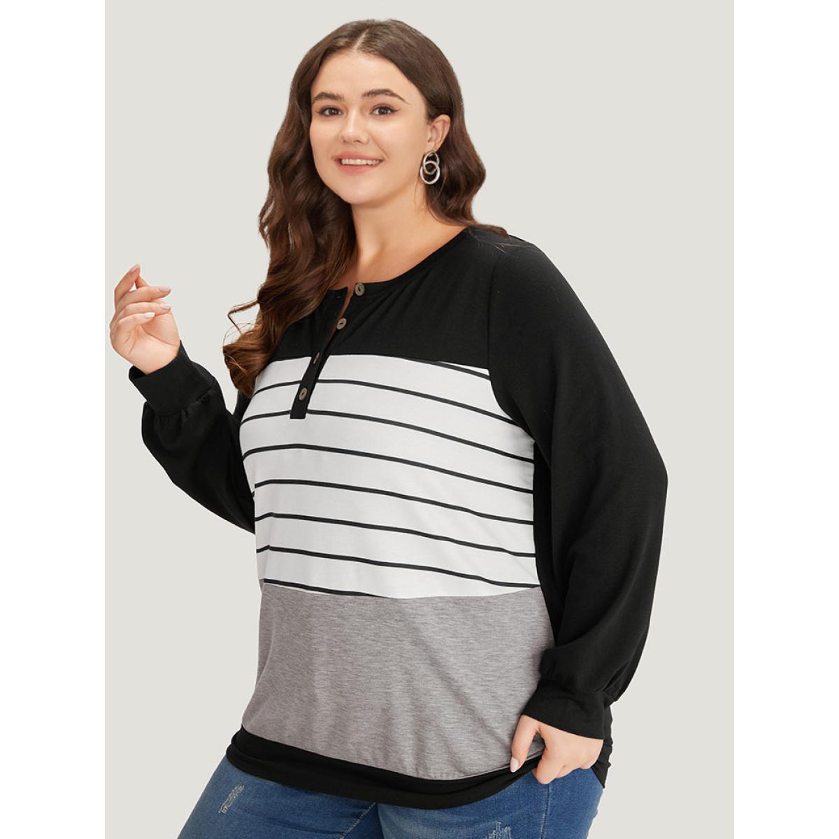 Plus Size Striped Contrast Button Up Elastic cuffs Sweatshirt Women Multicolor Casual Elastic cuffs Open Front Dailywear Sweatshirts BloomChic 28/5X Product Image