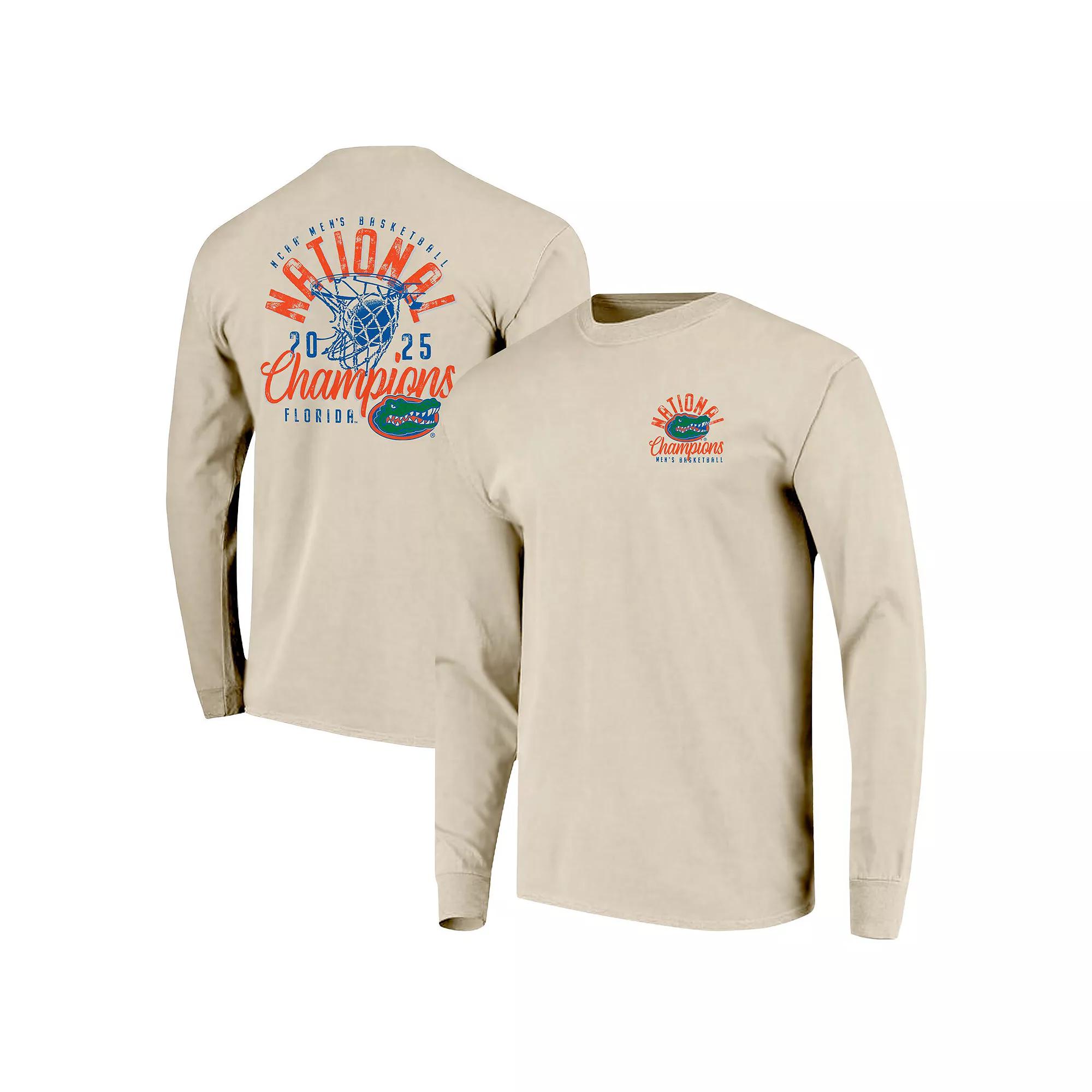 Men's Natural Florida Gators 2025 NCAA Men's Basketball National Champions Distressed Net Long Sleeve T-Shirt, Size: Medium, Beige Product Image