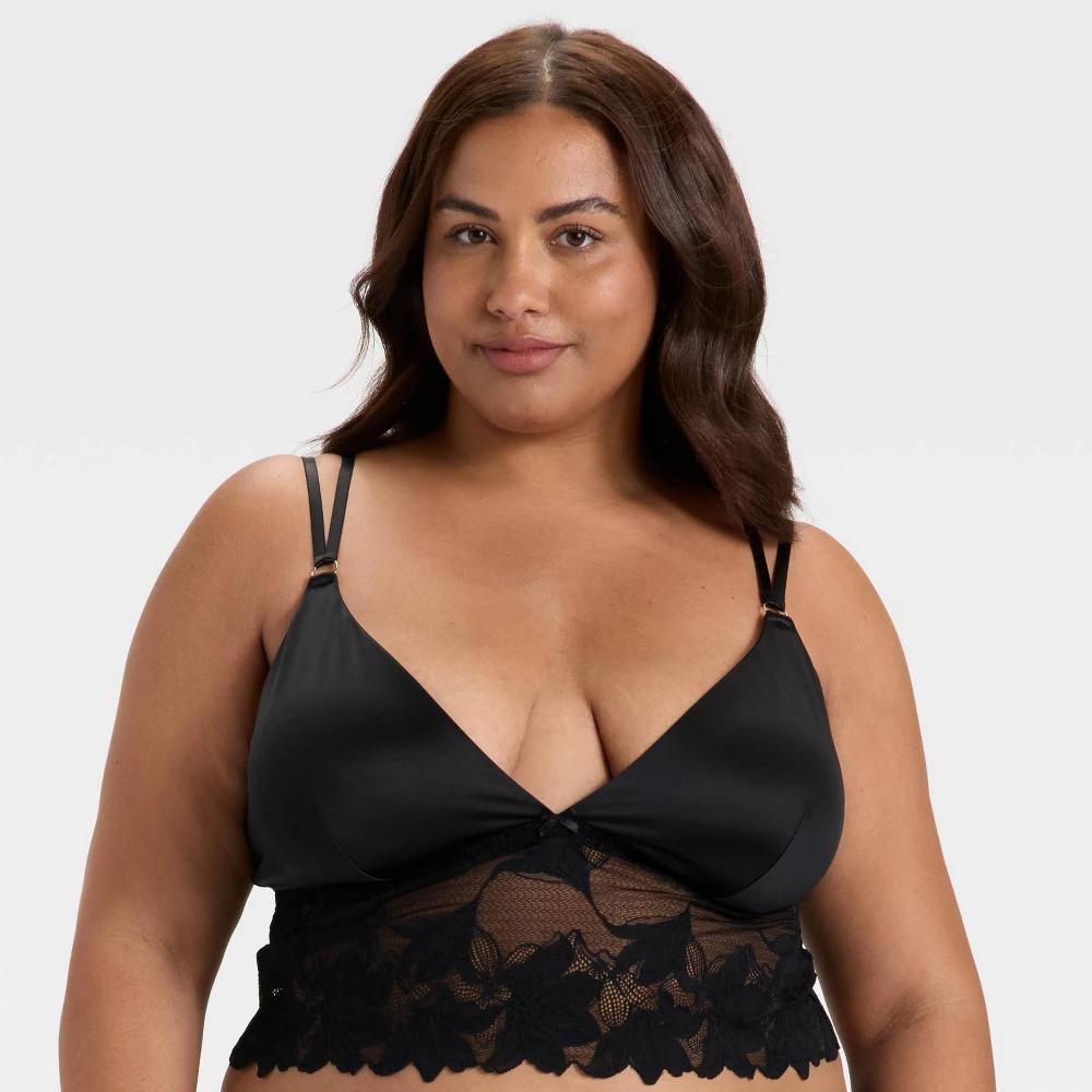 Women's Satin and Lace Removable Pad Longline Bralette - Auden™ Black S Product Image