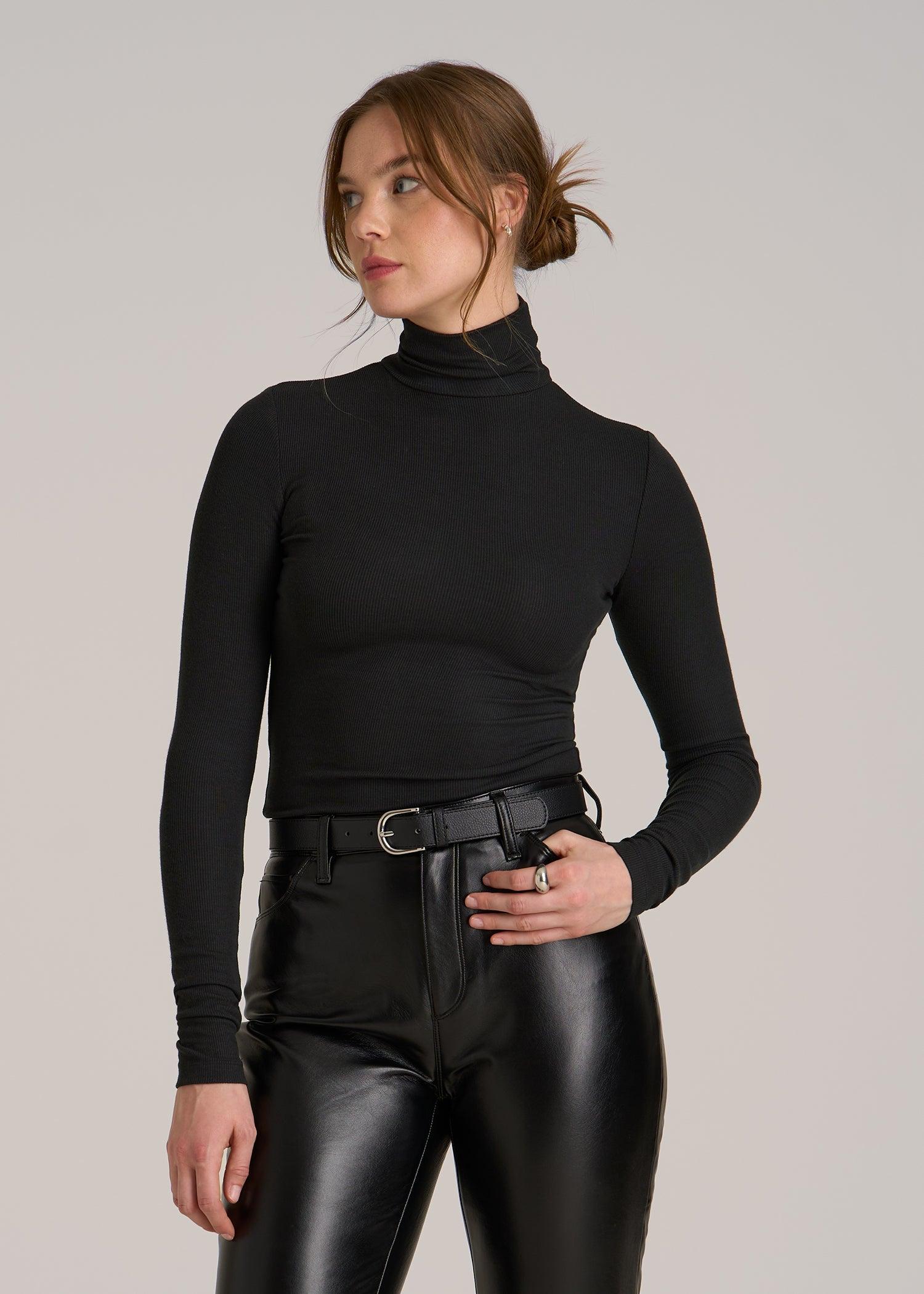 Fitted Long Sleeve Ribbed Turtleneck Tee for Tall Women in Black Female Product Image