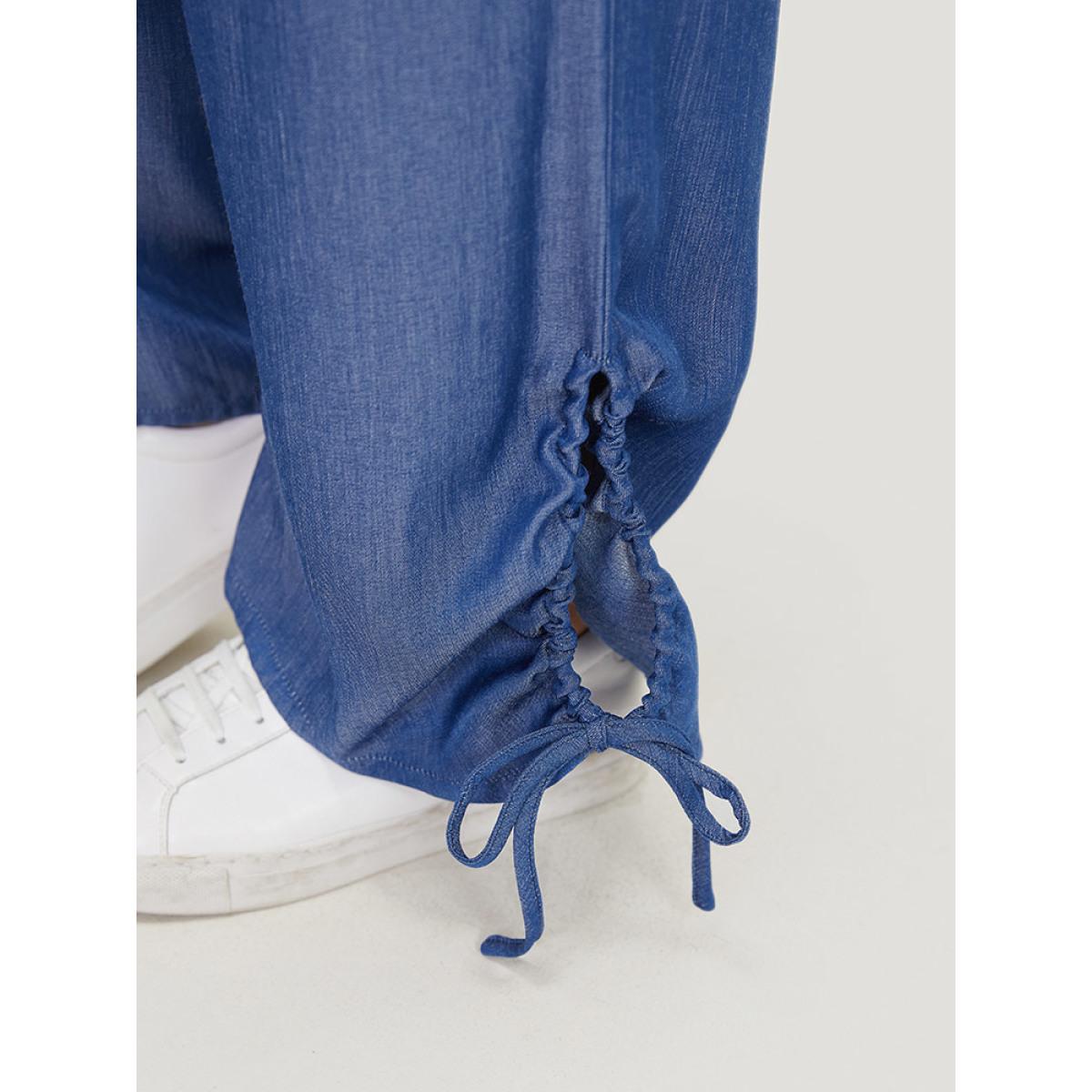 Plus Size Solid Flap Pocket Drawstring Cut Out Pants Women Blue Casual High Rise Dailywear Pants BloomChic 22-24/3X Product Image