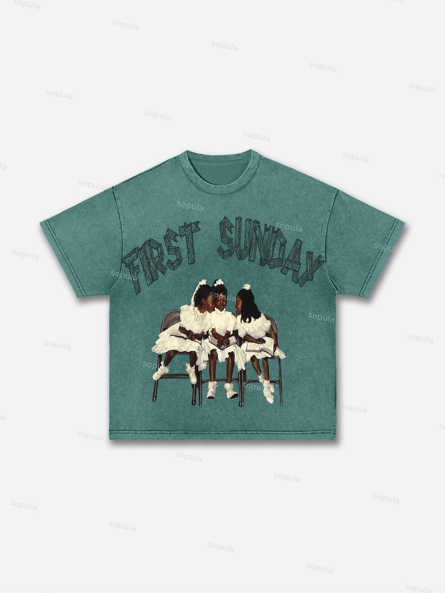 First Sunday Retro Graphic Print Acid Washed T-Shirt Product Image