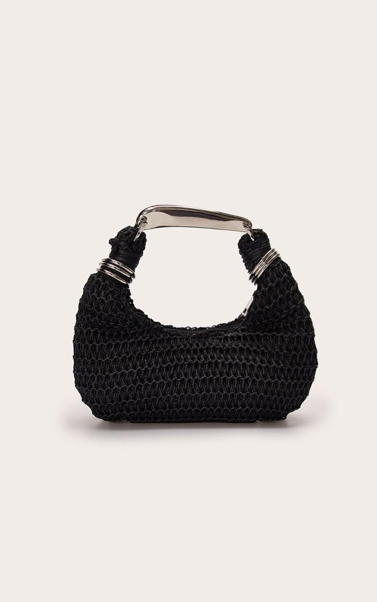 Silver Metal Handle Black Raffia Hand Bag Product Image