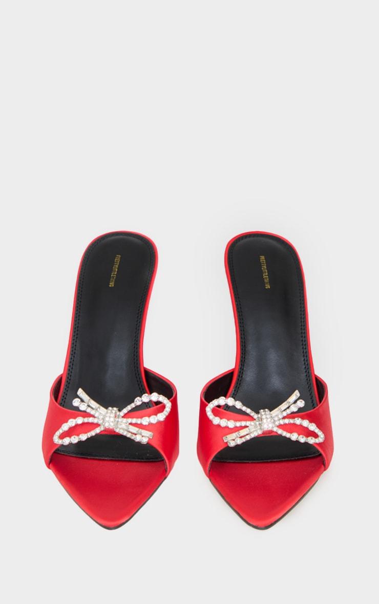 Red Satin Point Toe Diamante Bow High Stiletto Heeled Mules Product Image